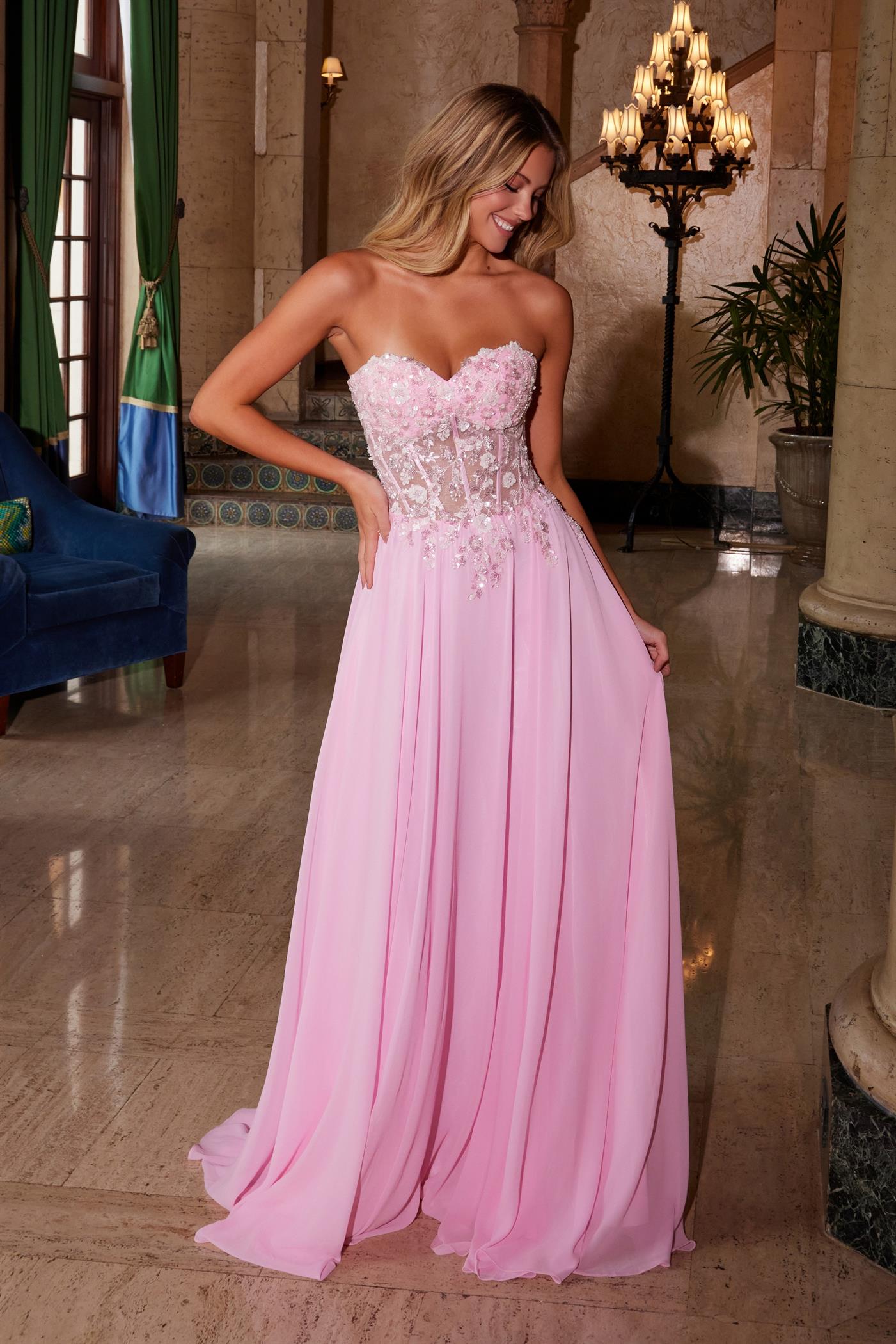 KYLE Strapless Glitter Applique Bodice Chiffon Prom & Formal Dress