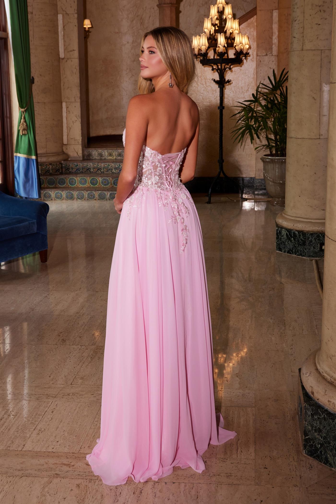 KYLE Strapless Glitter Applique Bodice Chiffon Prom & Formal Dress