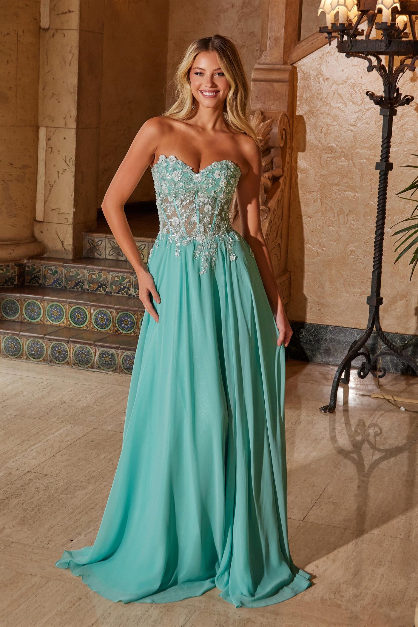 KYLE Strapless Glitter Applique Bodice Chiffon Prom & Formal Dress