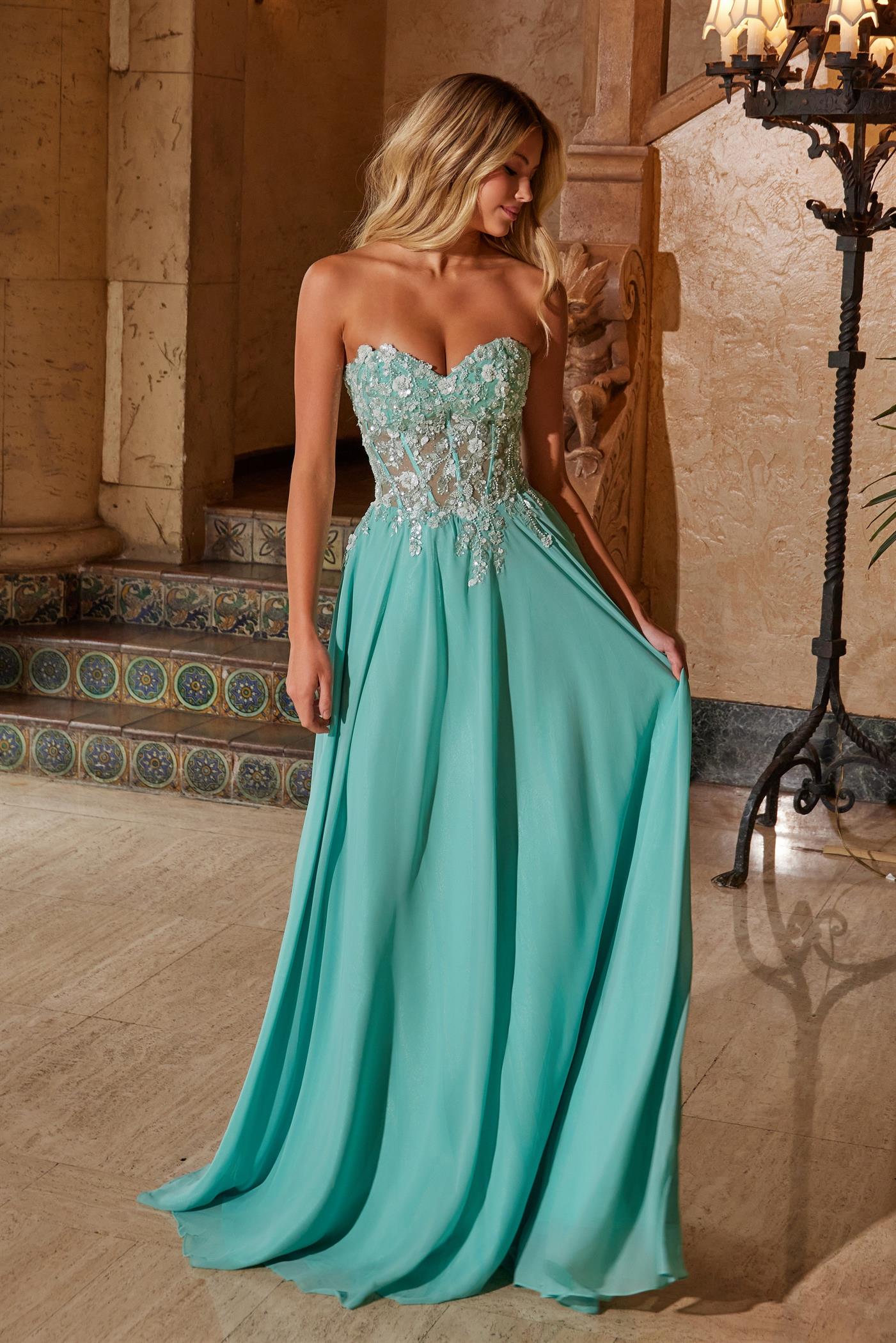 KYLE Strapless Glitter Applique Bodice Chiffon Prom & Formal Dress