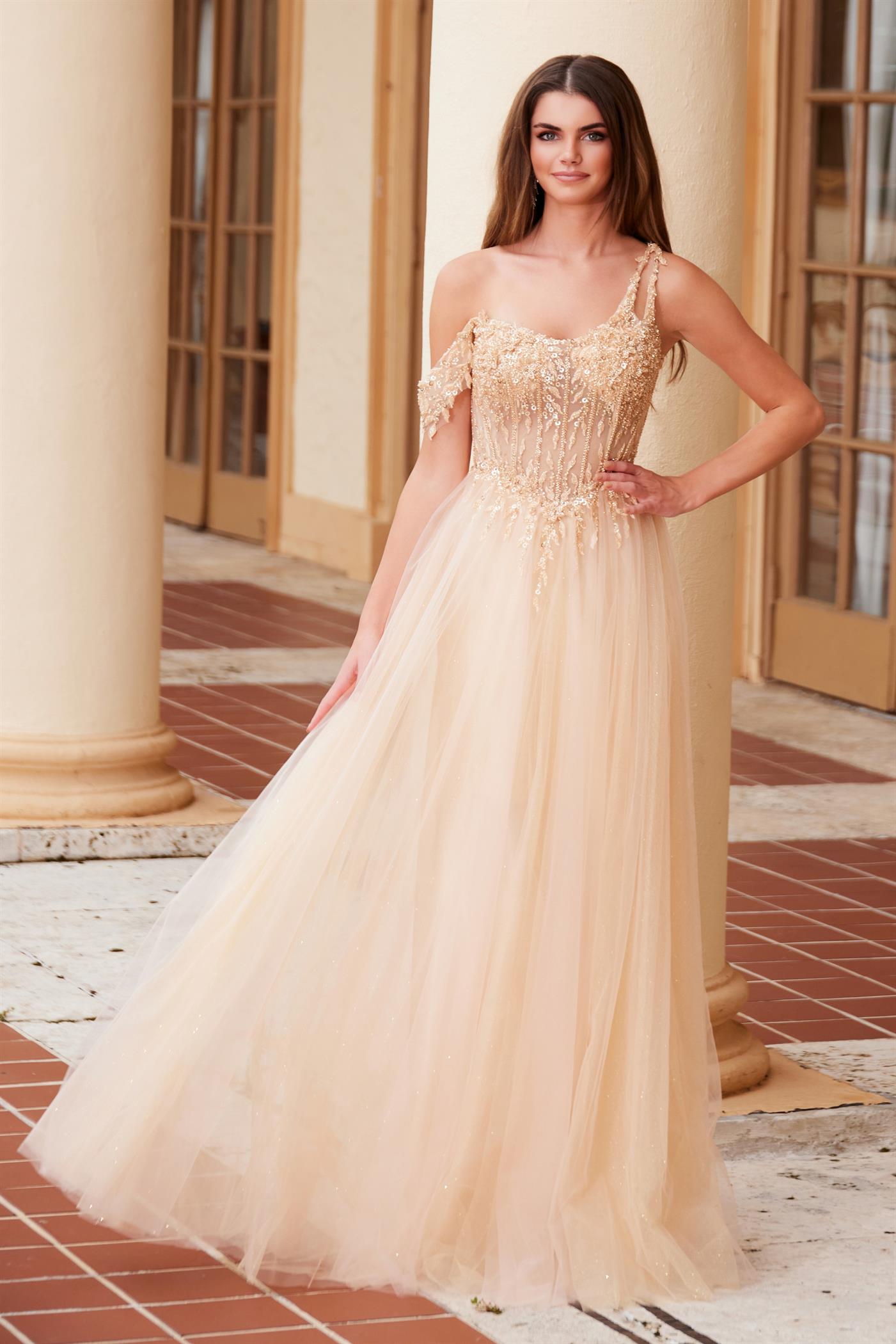 MELATI Sheer Beaded Bodice A Line Prom & Formal Dress