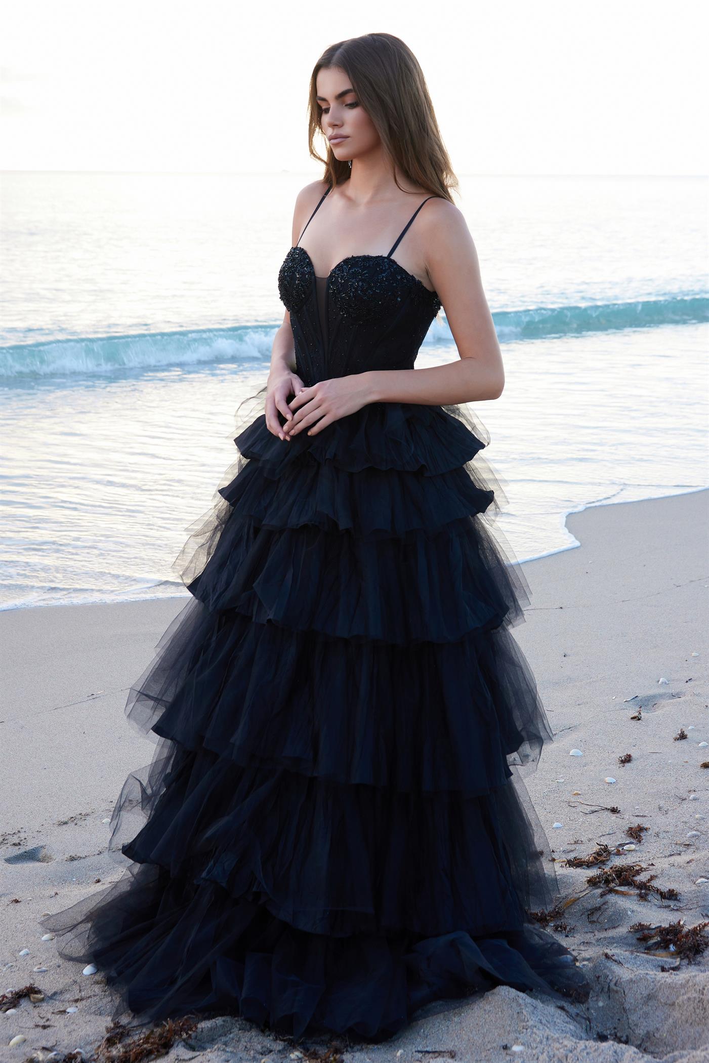 LUCIE Sequin Applique Tulle Layered Prom & Formal Gown