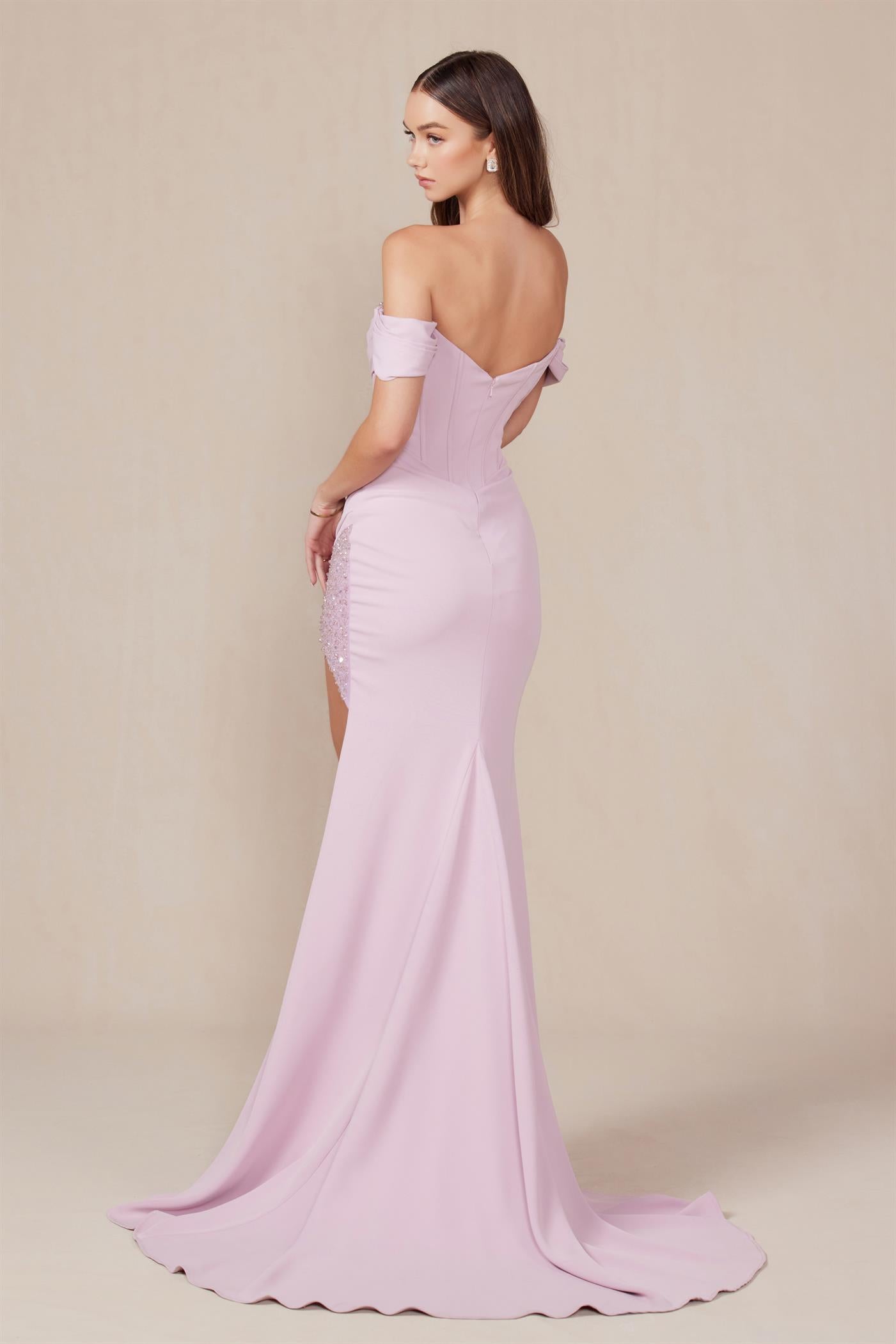 SHANTI Boned Crystal Feature Satin Prom & Formal Dress