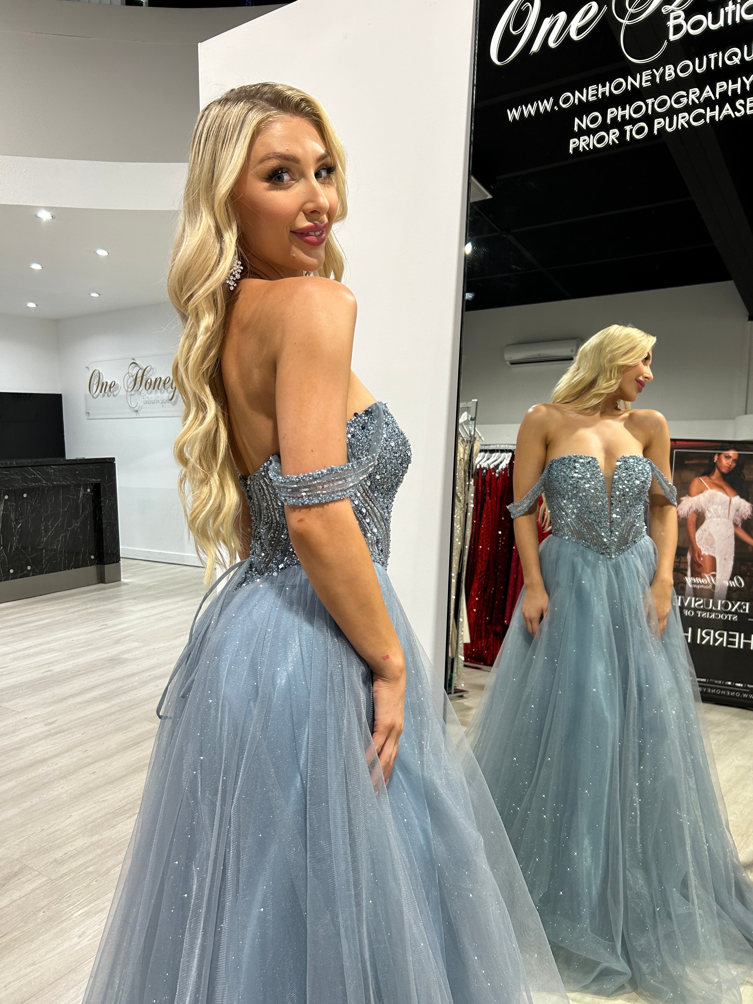 Honey Couture LEIA Smokey Blue Strapless Bustier Tulle A Line Formal Dress