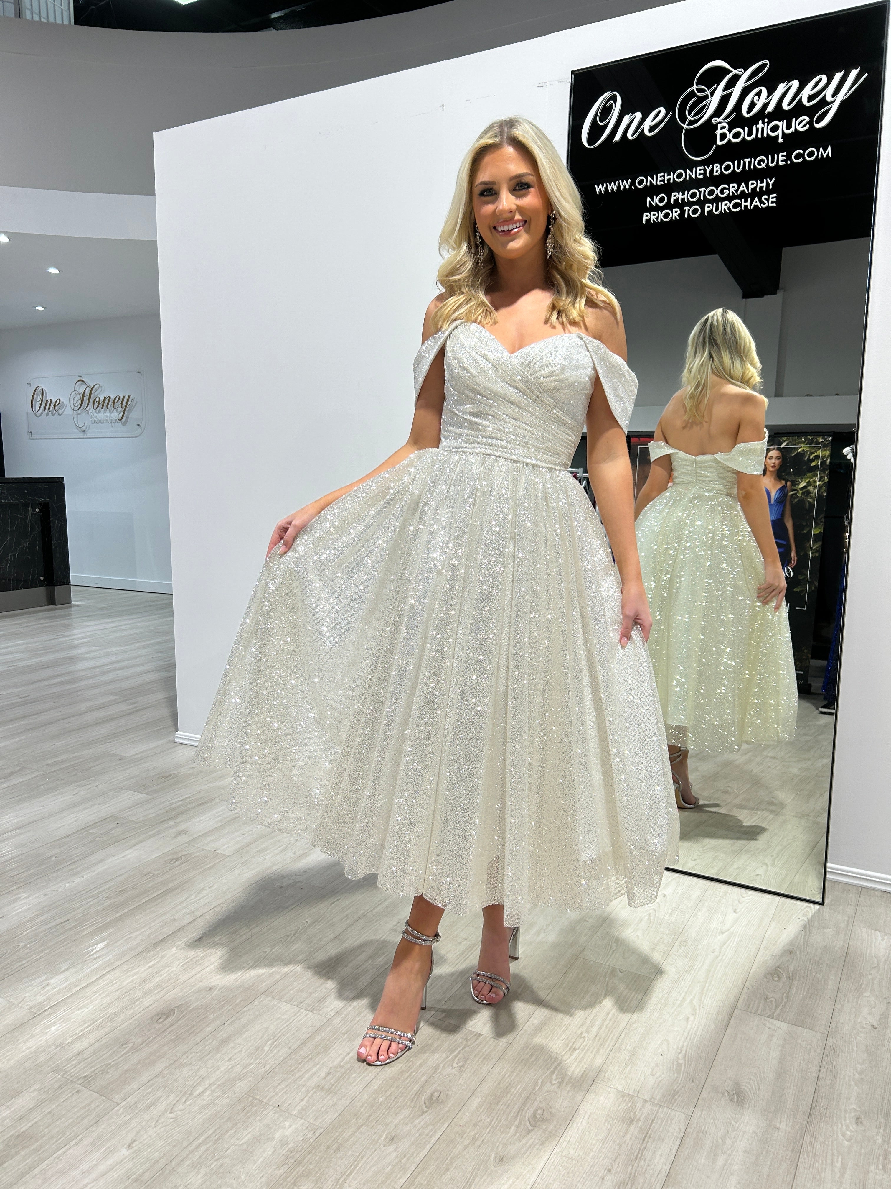 White glitter cocktail store dress