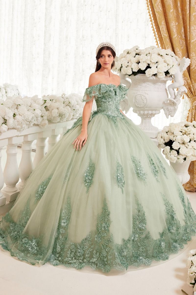 CELESTINA Off Shoulder Sequin Tulle Applique Quinceañera Ball Gown Dress