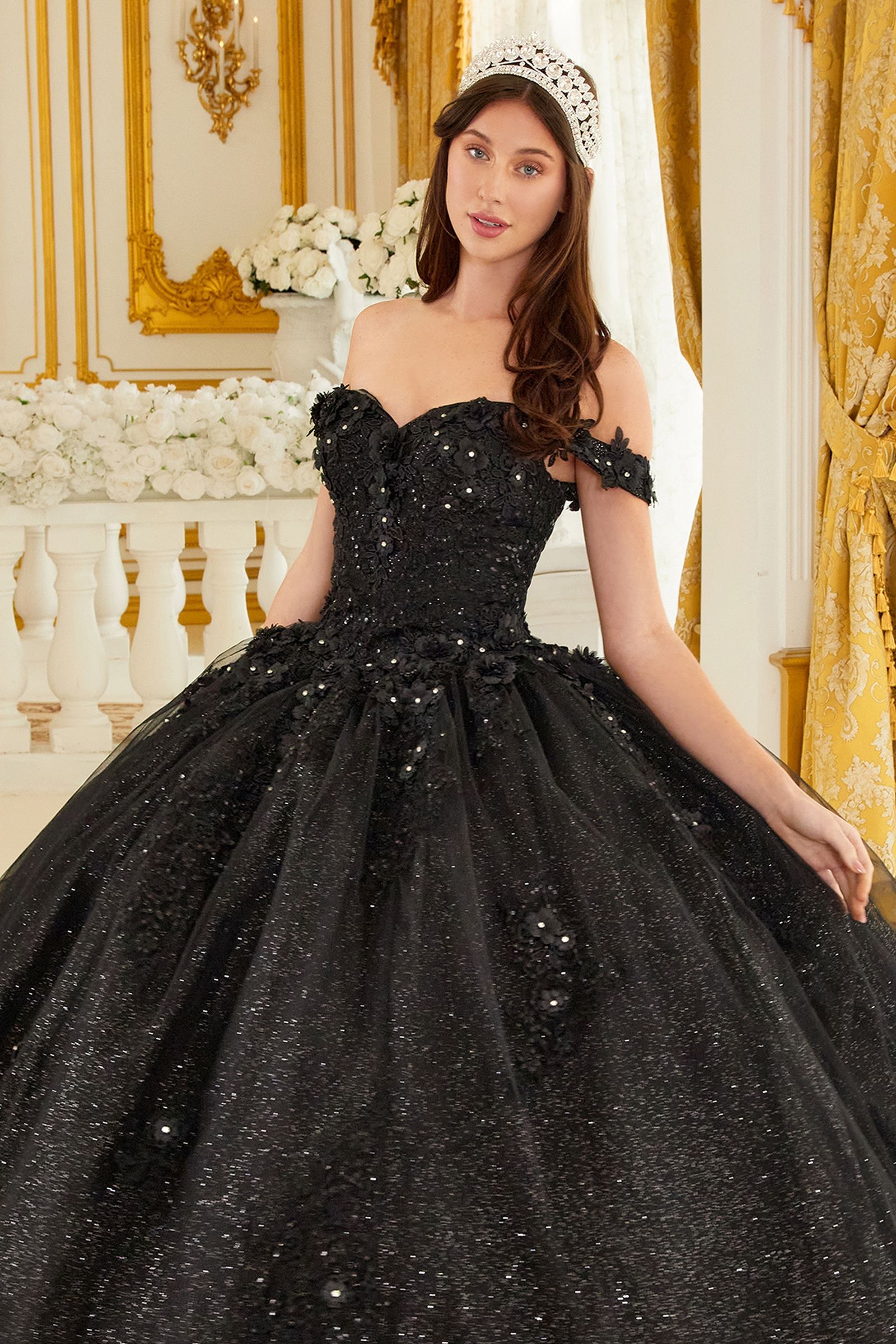 CATALISSE Floral Glitter Applique Quinceañera Ball Gown Dress