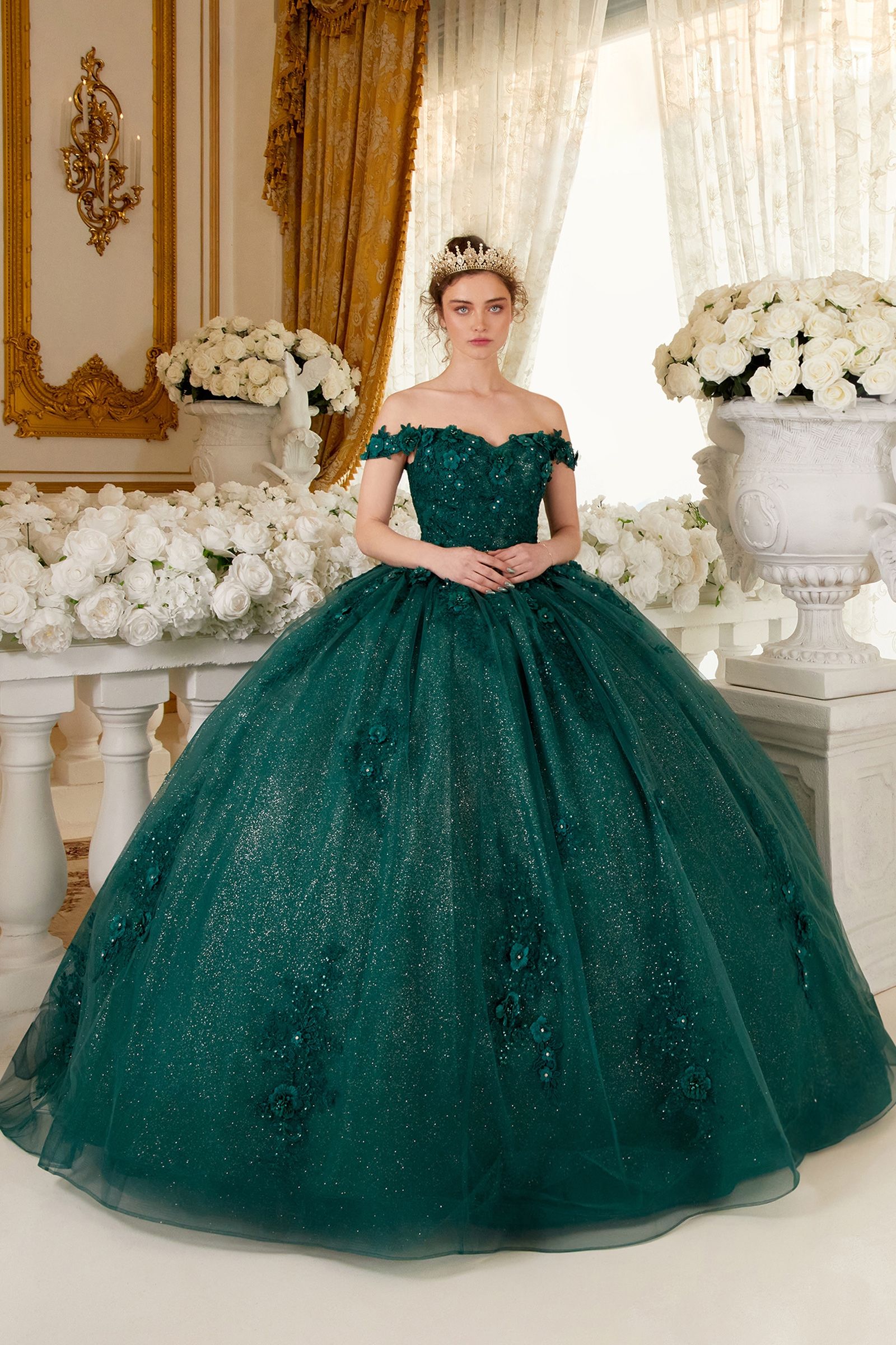 CATALISSE Floral Glitter Applique Quinceañera Ball Gown Dress