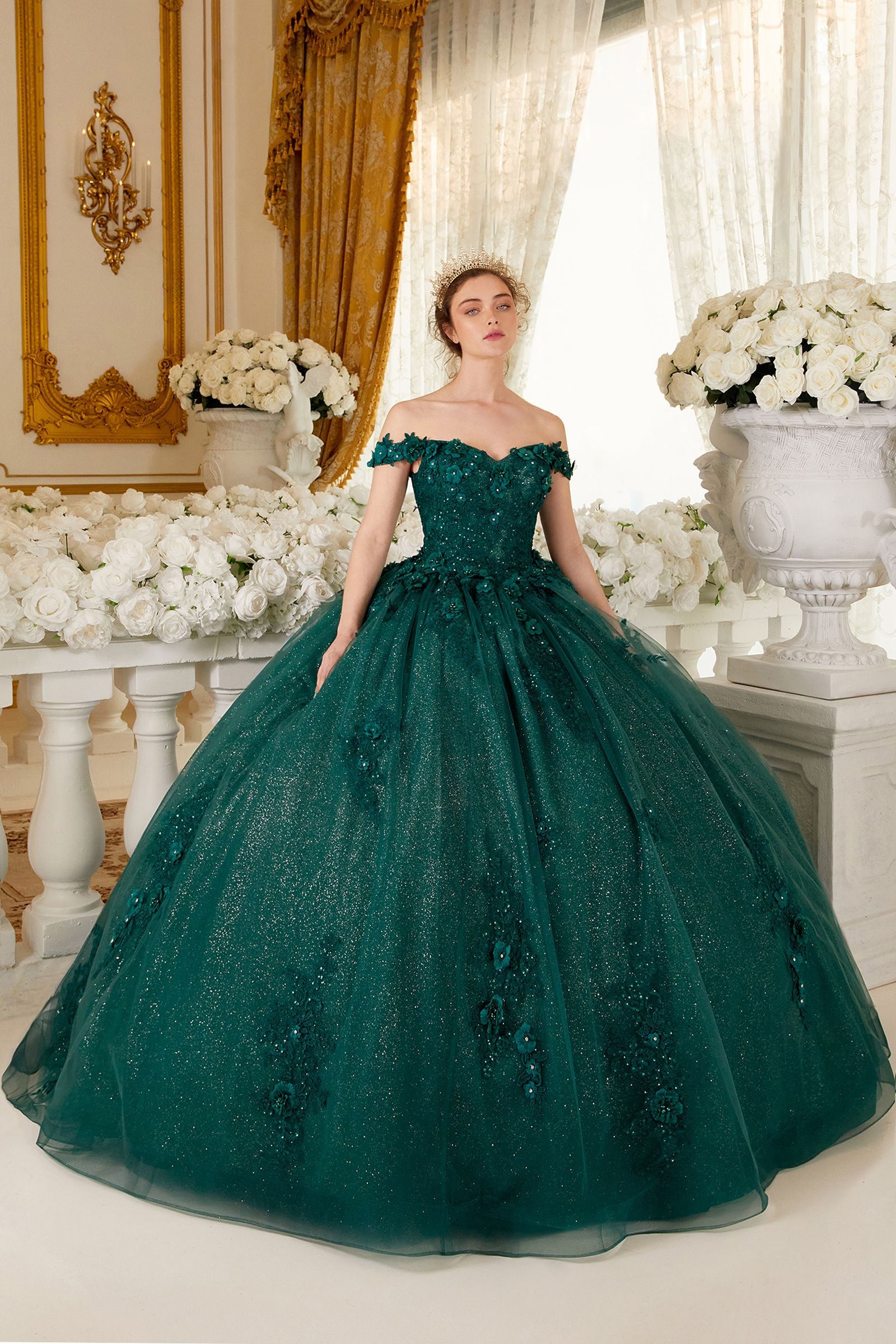 CATALISSE Floral Glitter Applique Quinceañera Ball Gown Dress