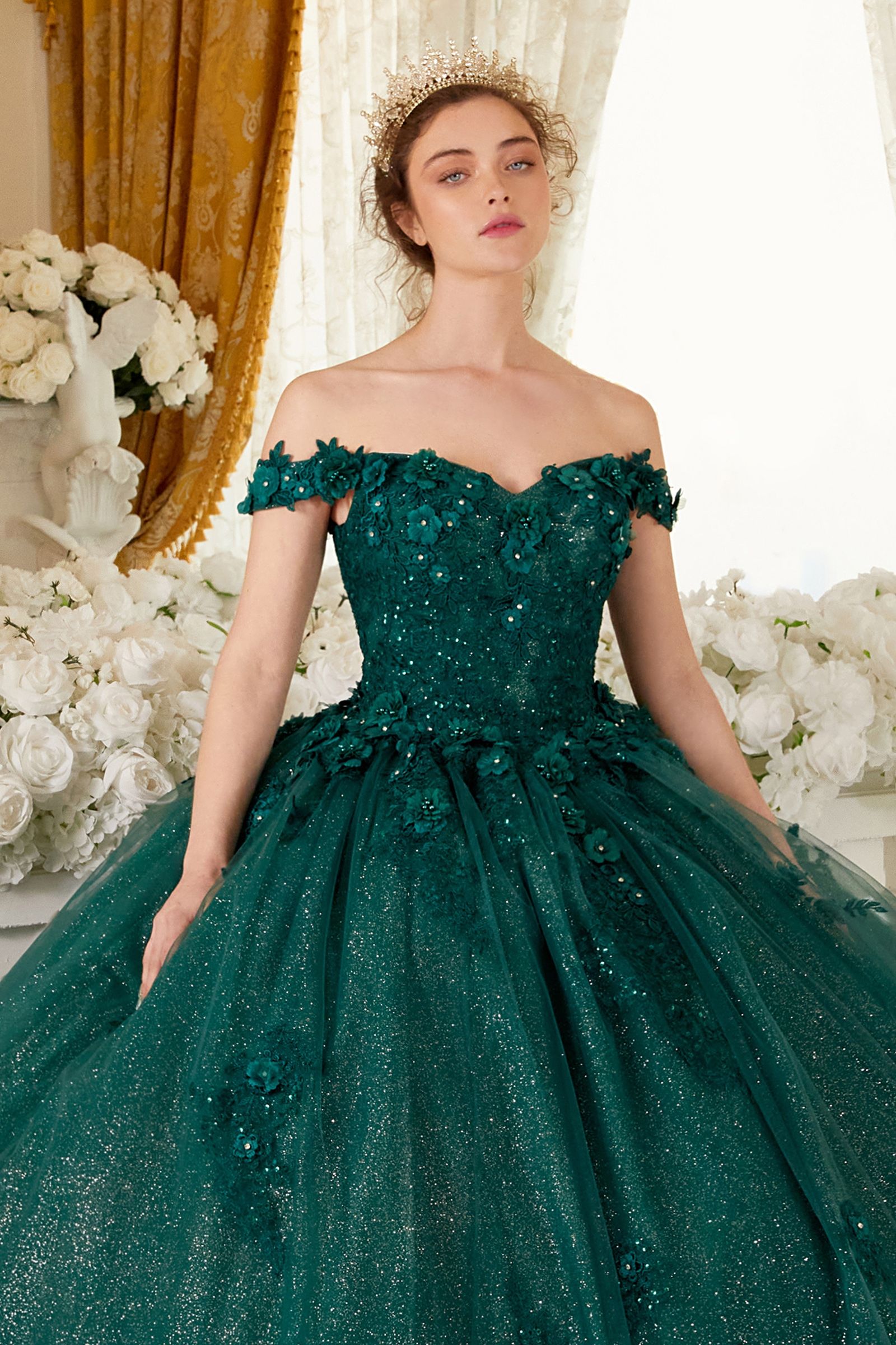 CATALISSE Floral Glitter Applique Quinceañera Ball Gown Dress