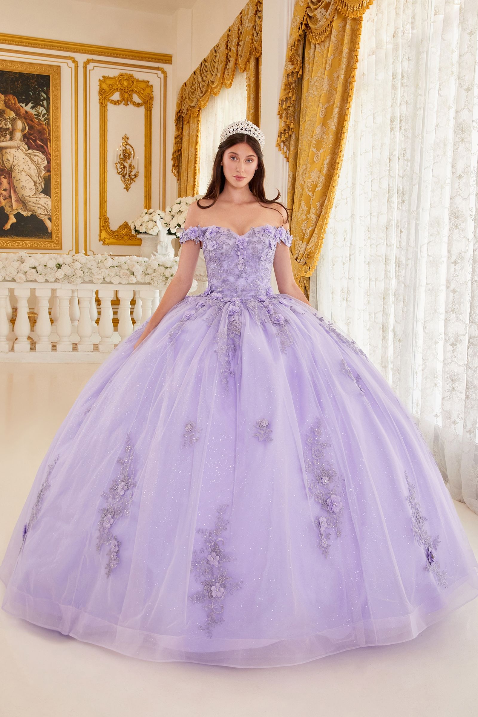 CATALISSE Floral Glitter Applique Quinceañera Ball Gown Dress