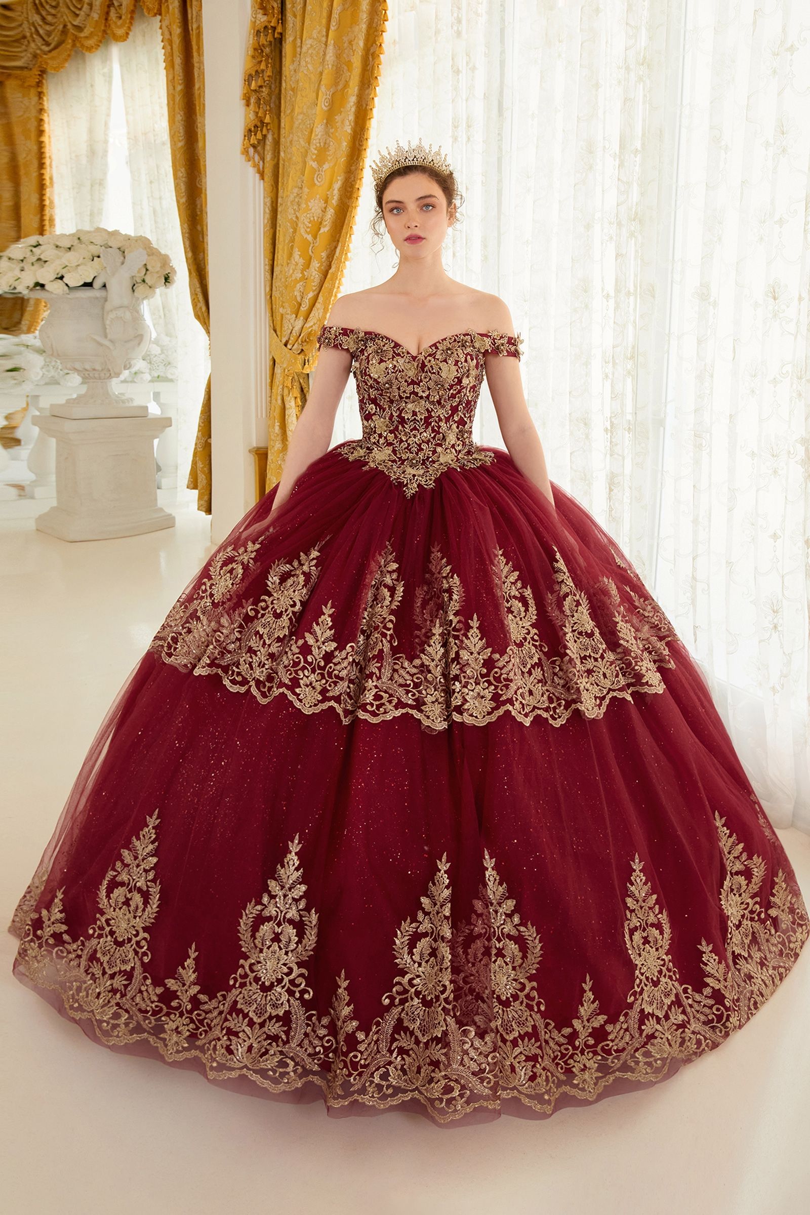 NOELLETH Gold Lace & Tulle Quinceañera Ball Gown Dress