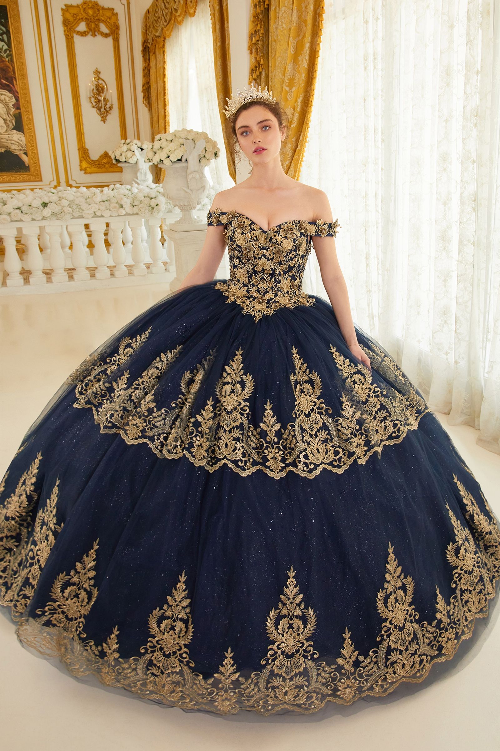 NOELLETH Gold Lace & Tulle Quinceañera Ball Gown Dress