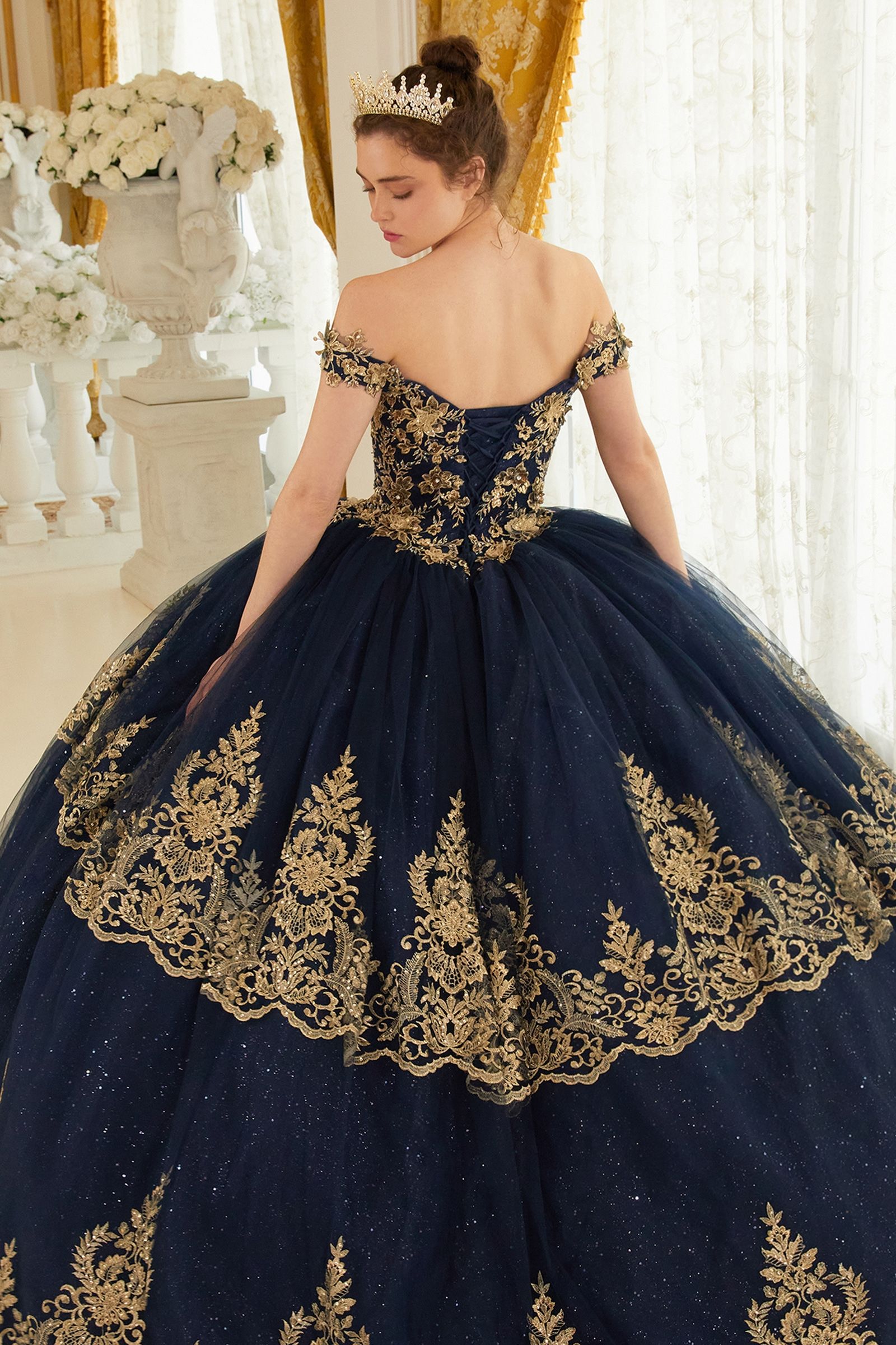 NOELLETH Gold Lace & Tulle Quinceañera Ball Gown Dress