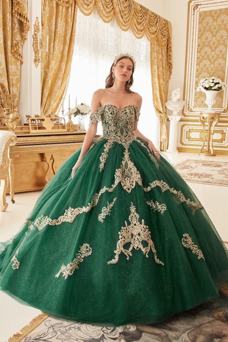 AMELISSE Off Shoulder Tulle & Glitter Quinceañera Ball Gown Dress