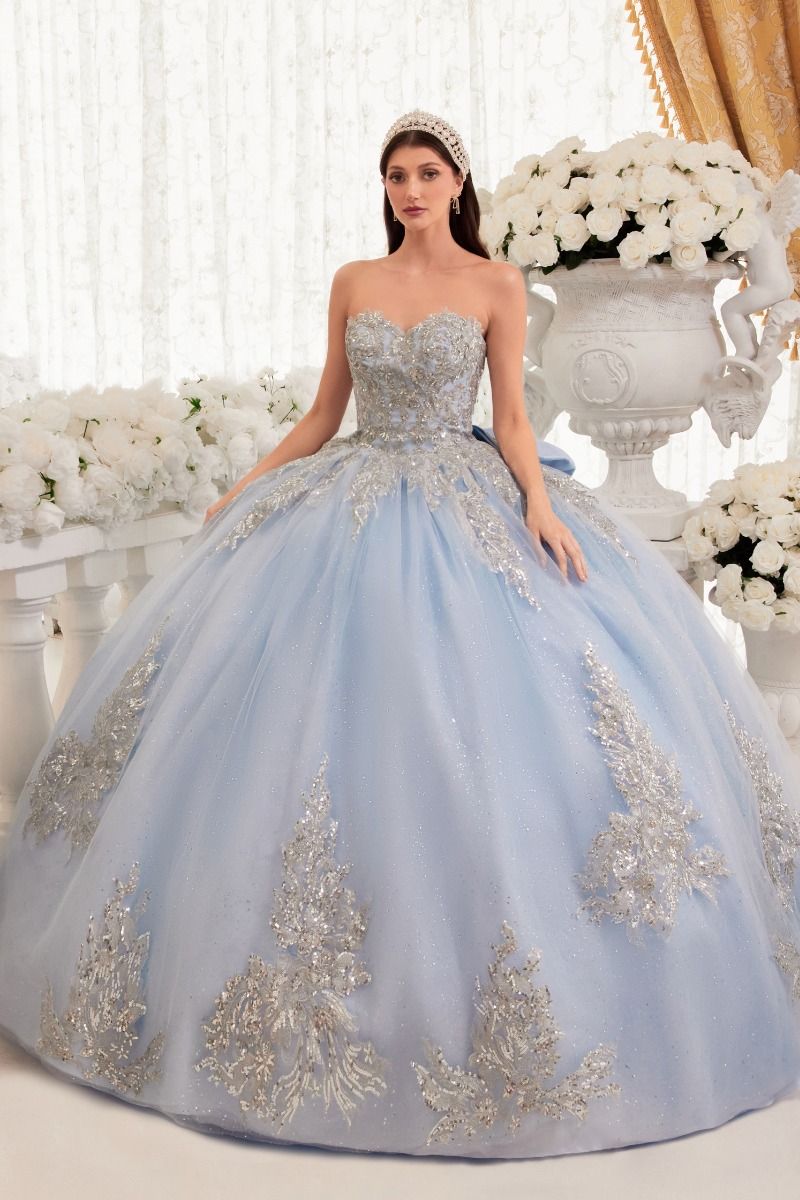 MARISTELLA Strapless Glitter Tulle Applique Quinceañera Ball Gown Dress