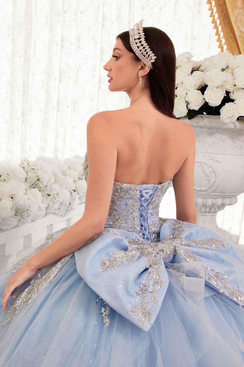 MARISTELLA Strapless Glitter Tulle Applique Quinceañera Ball Gown Dress