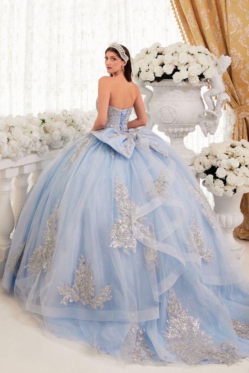 MARISTELLA Strapless Glitter Tulle Applique Quinceañera Ball Gown Dress