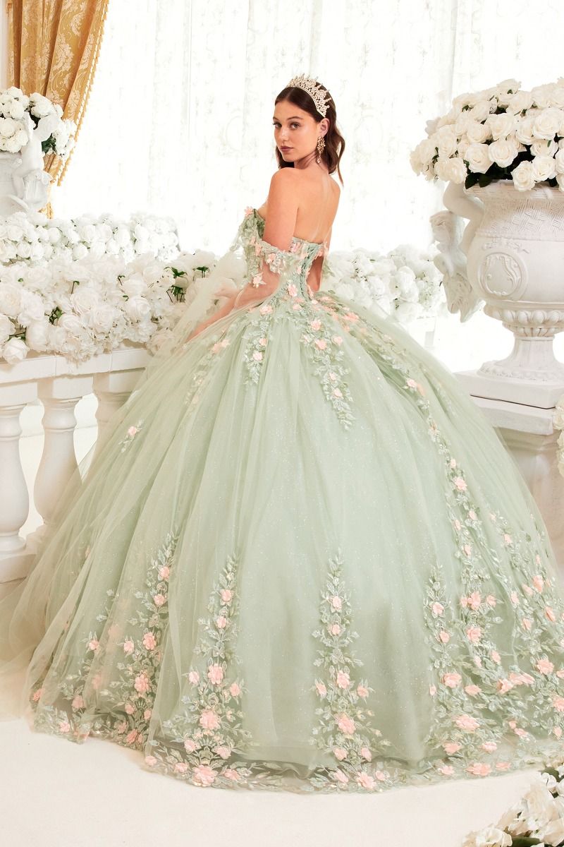 ROSELINA Off Shoulder Tulle Sleeve Quinceañera Ball Gown Dress