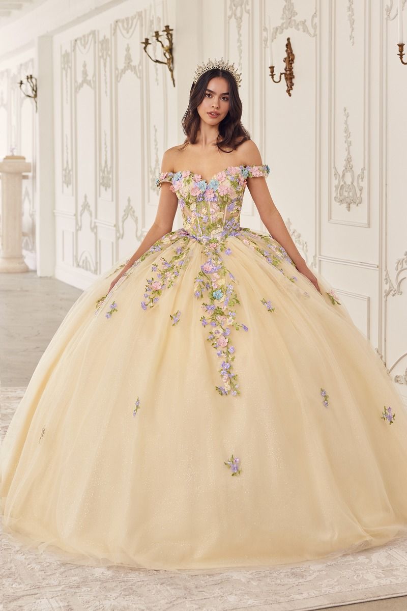 SAPHIRELLE Sheer Capelet Corset Applique Quinceañera Ball Gown Dress