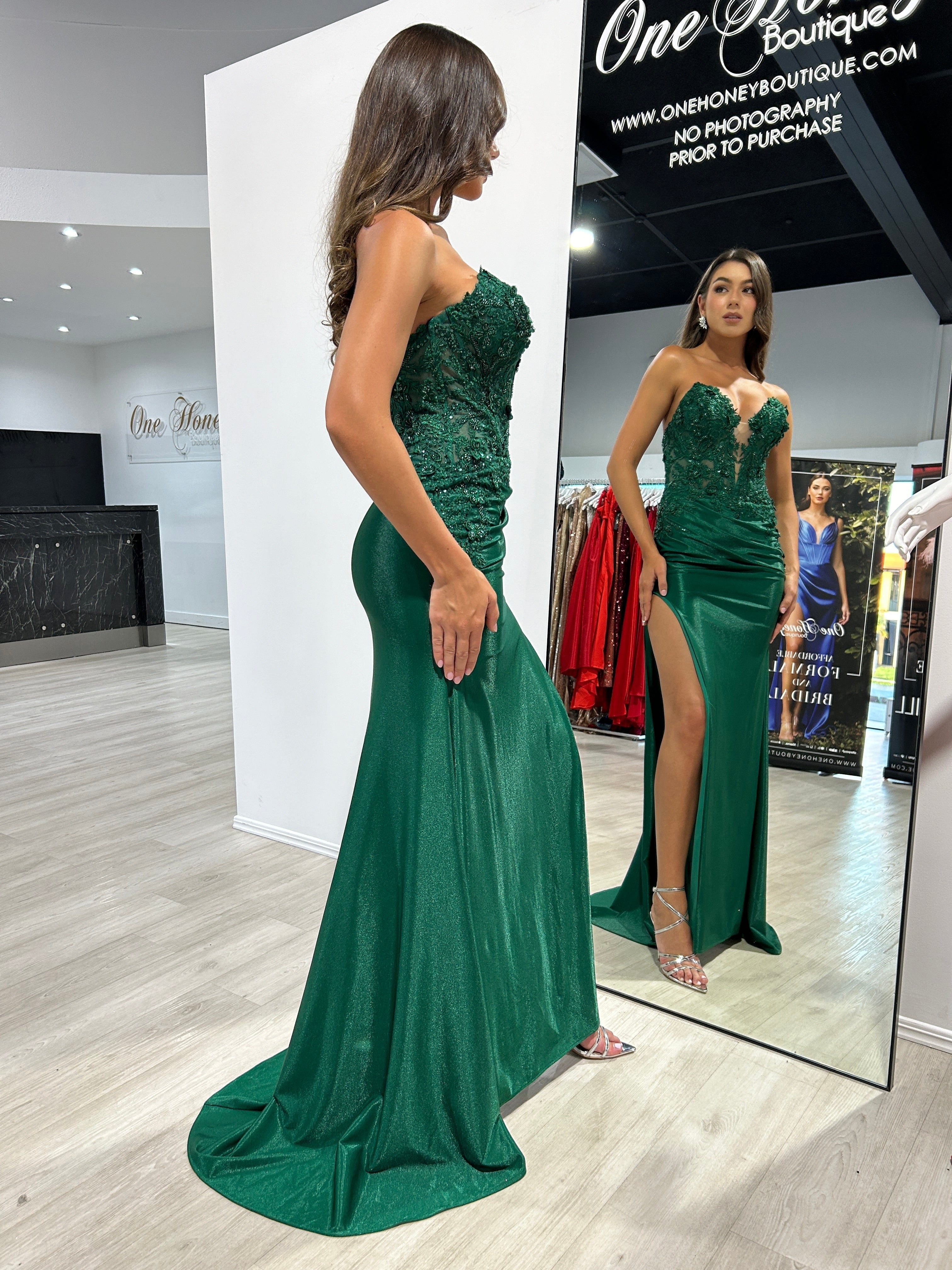 BRIDGETTE Strapless Satin Appliqué Mermaid Formal Dress