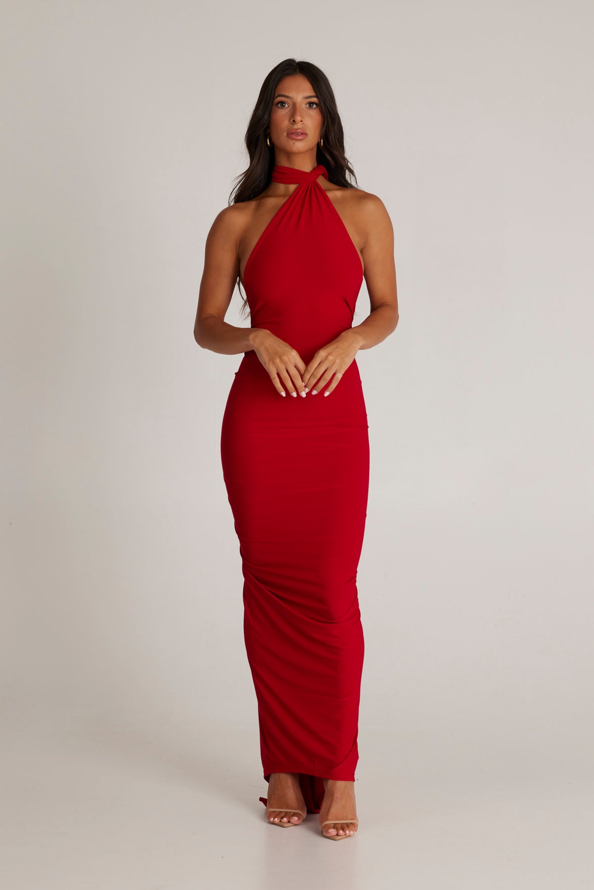 M LANI The Label CONSTANTINA Red Asymmetric Halterneck Midi Dress