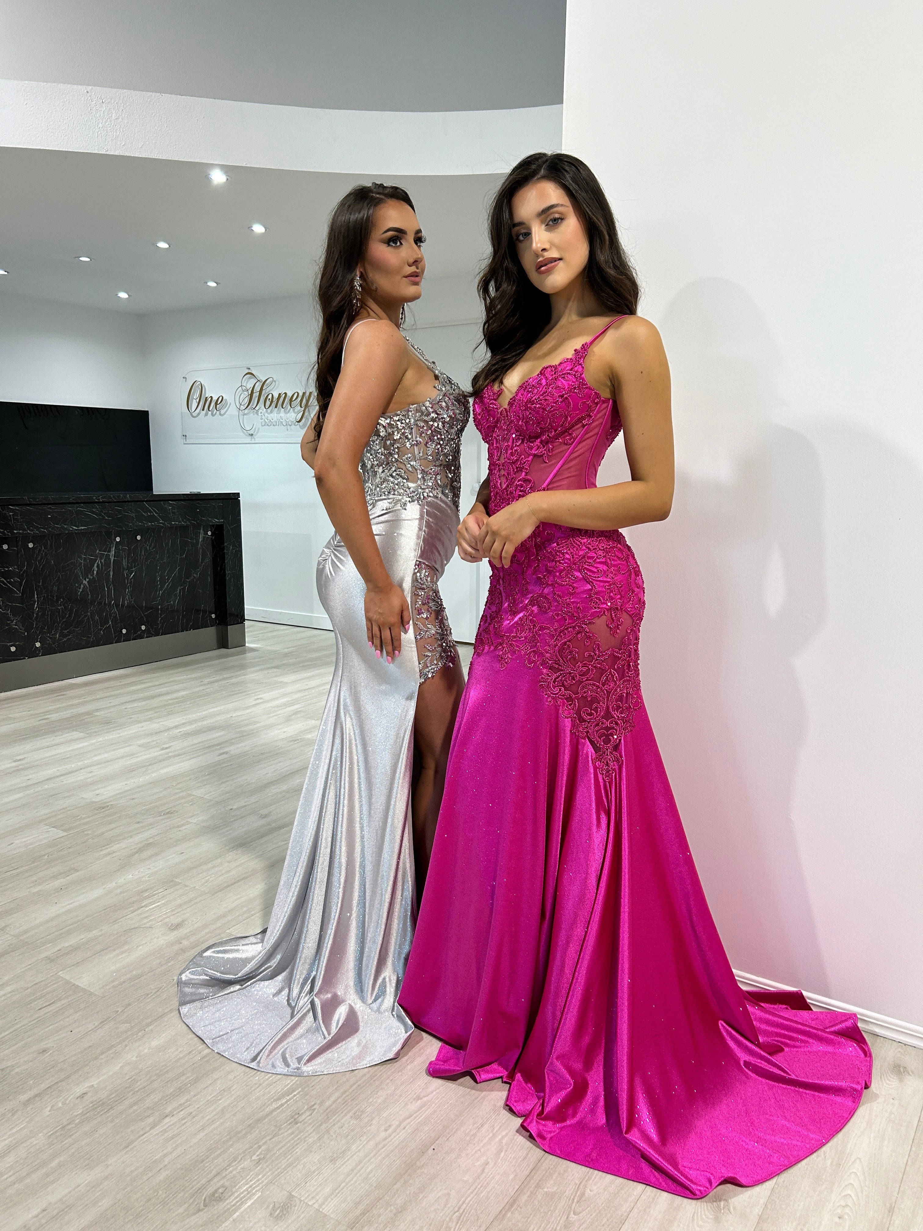 ODESSA Embellished Glitter Satin Mermaid Formal Dress