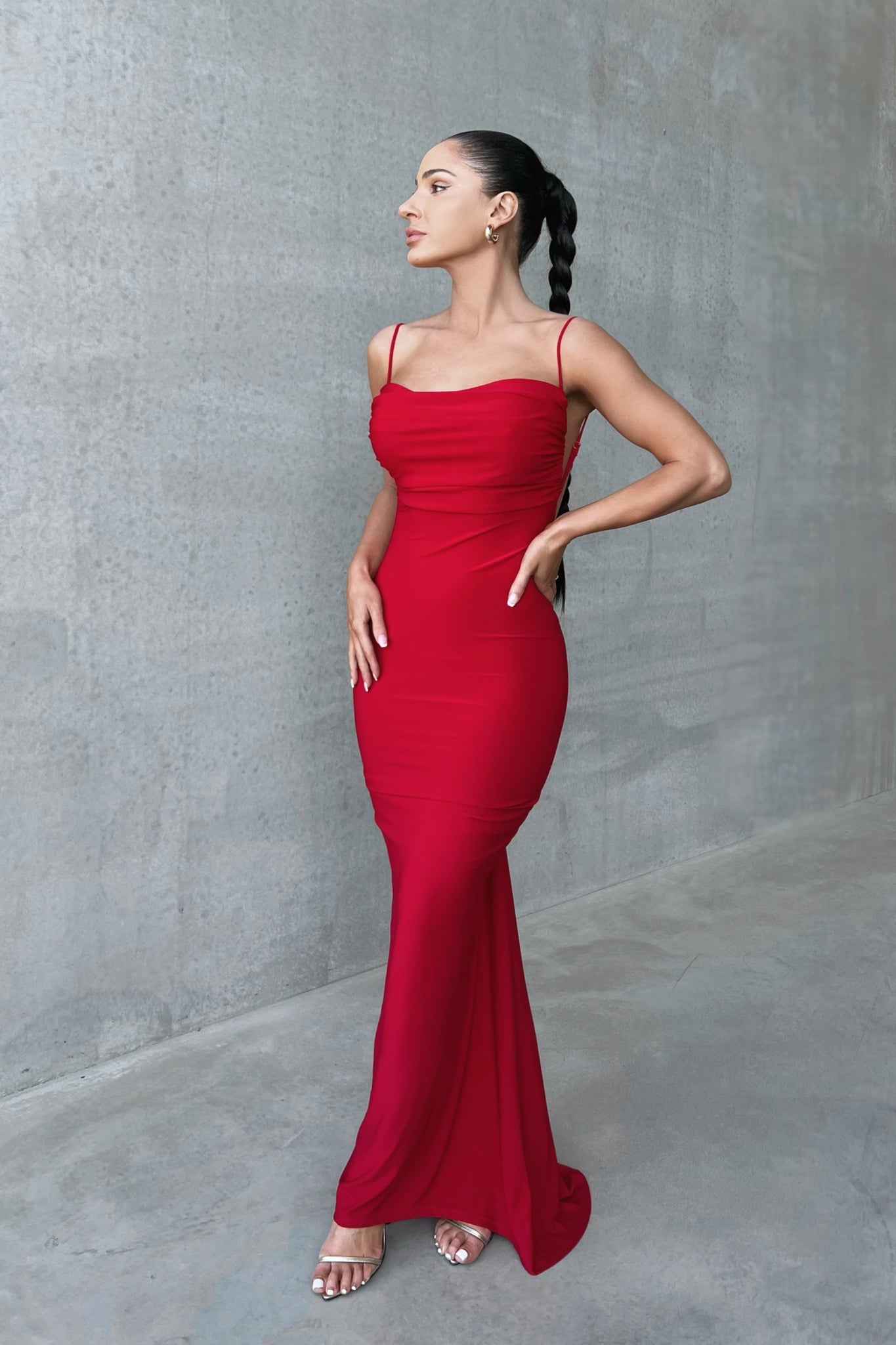 M LANI The Label CELINA Red Bum Ruched Backless Dress