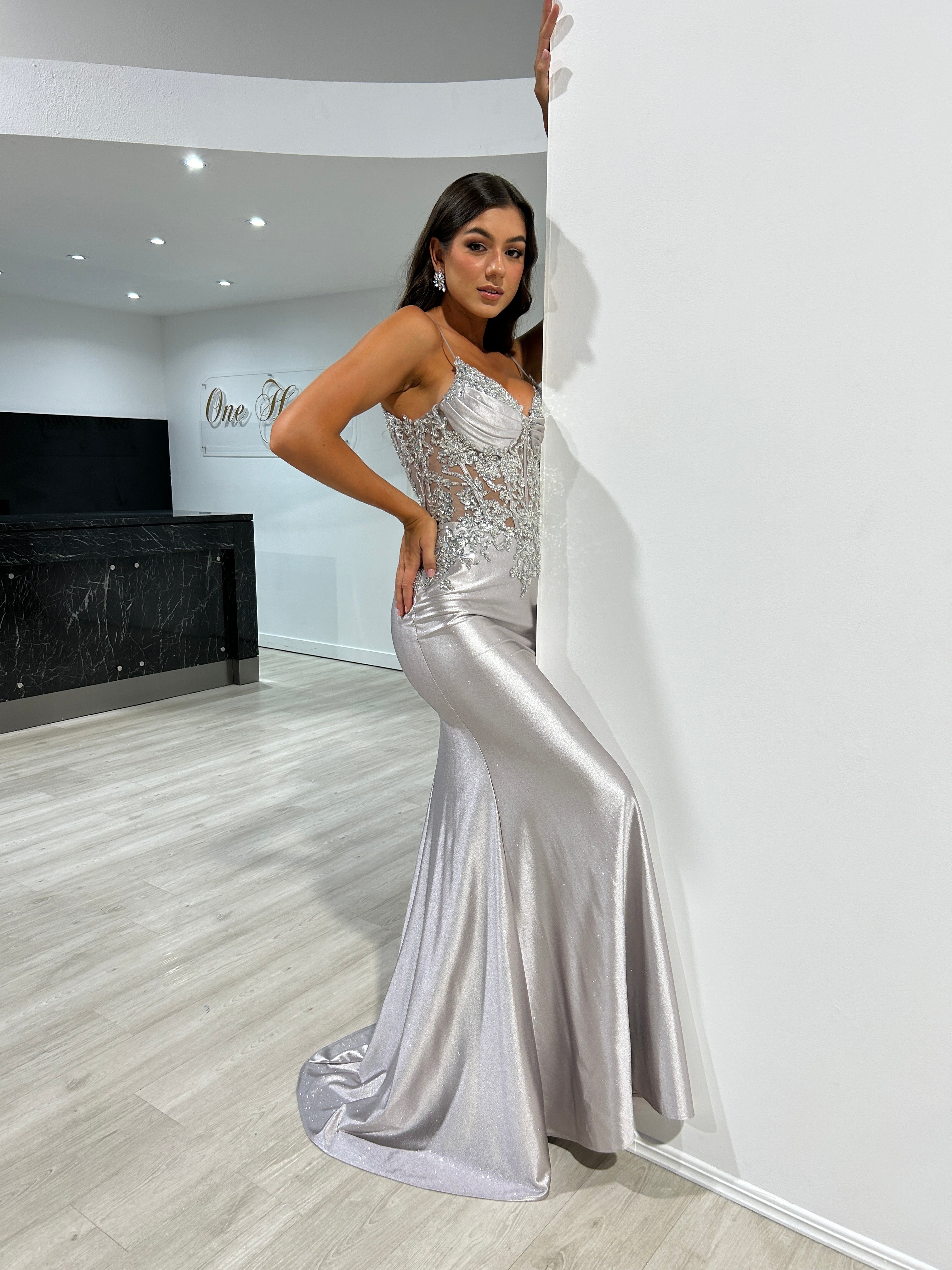 OLYMIA Embellished Bustier Stretch Glitter Satin Mermaid Formal Dress