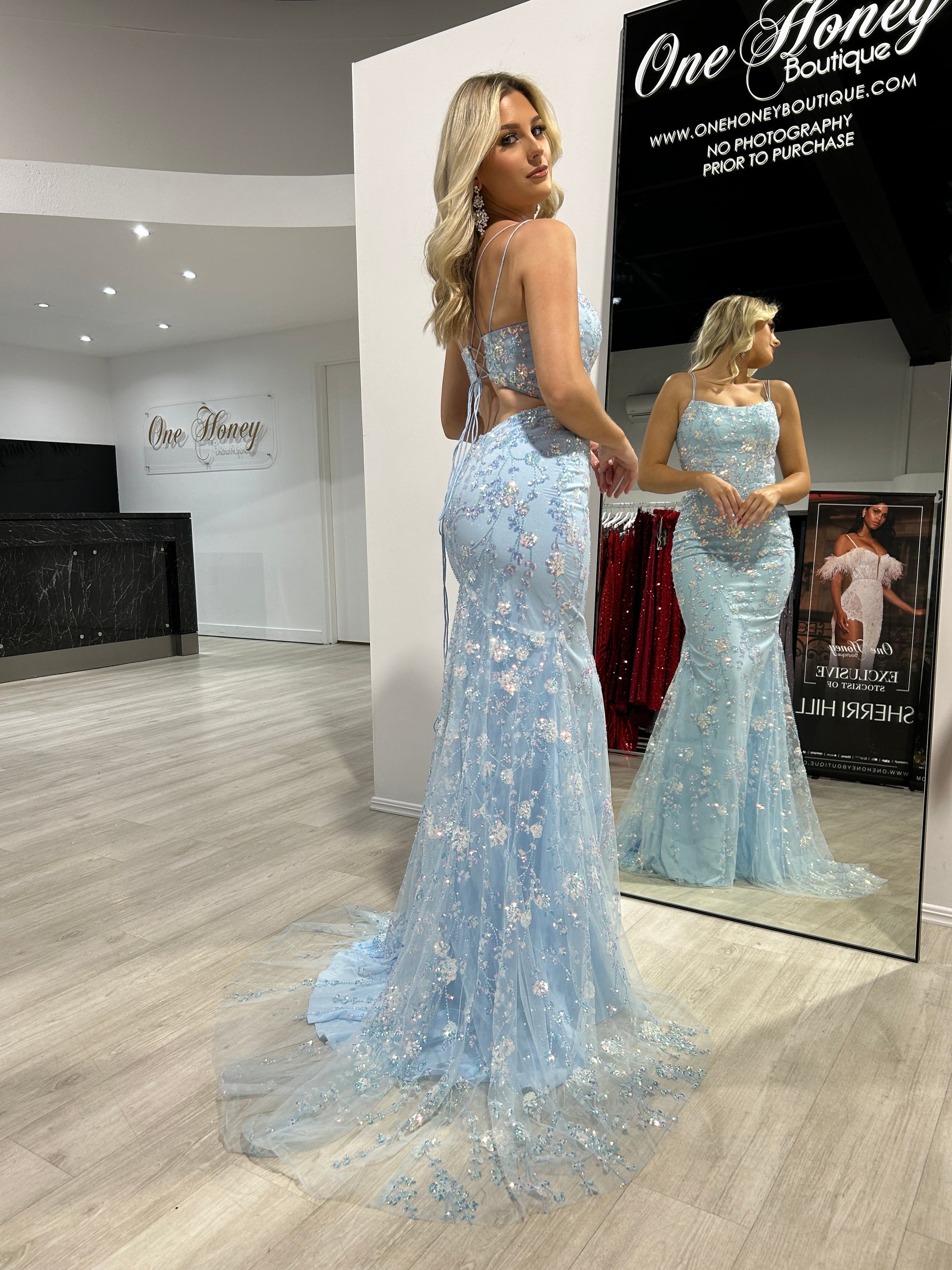 Honey Couture Posy Sky Blue Lace Sequin Applique Mermaid Formal Dress