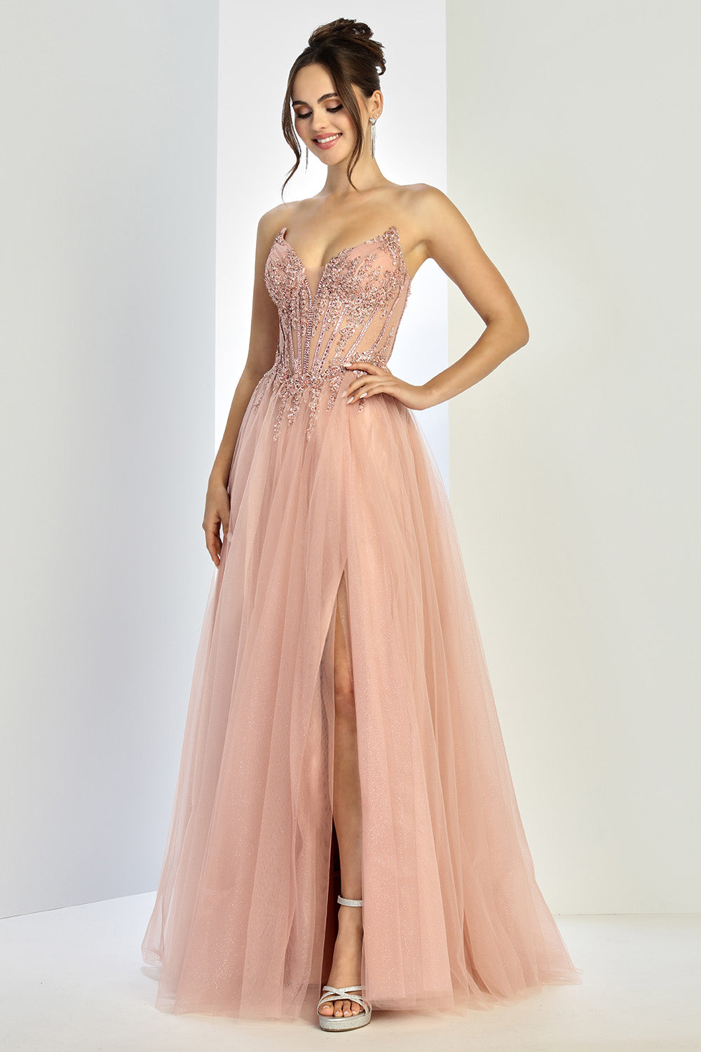 PIETRA Strapless Crystal Bodice Tulle A Line Prom & Formal Dress