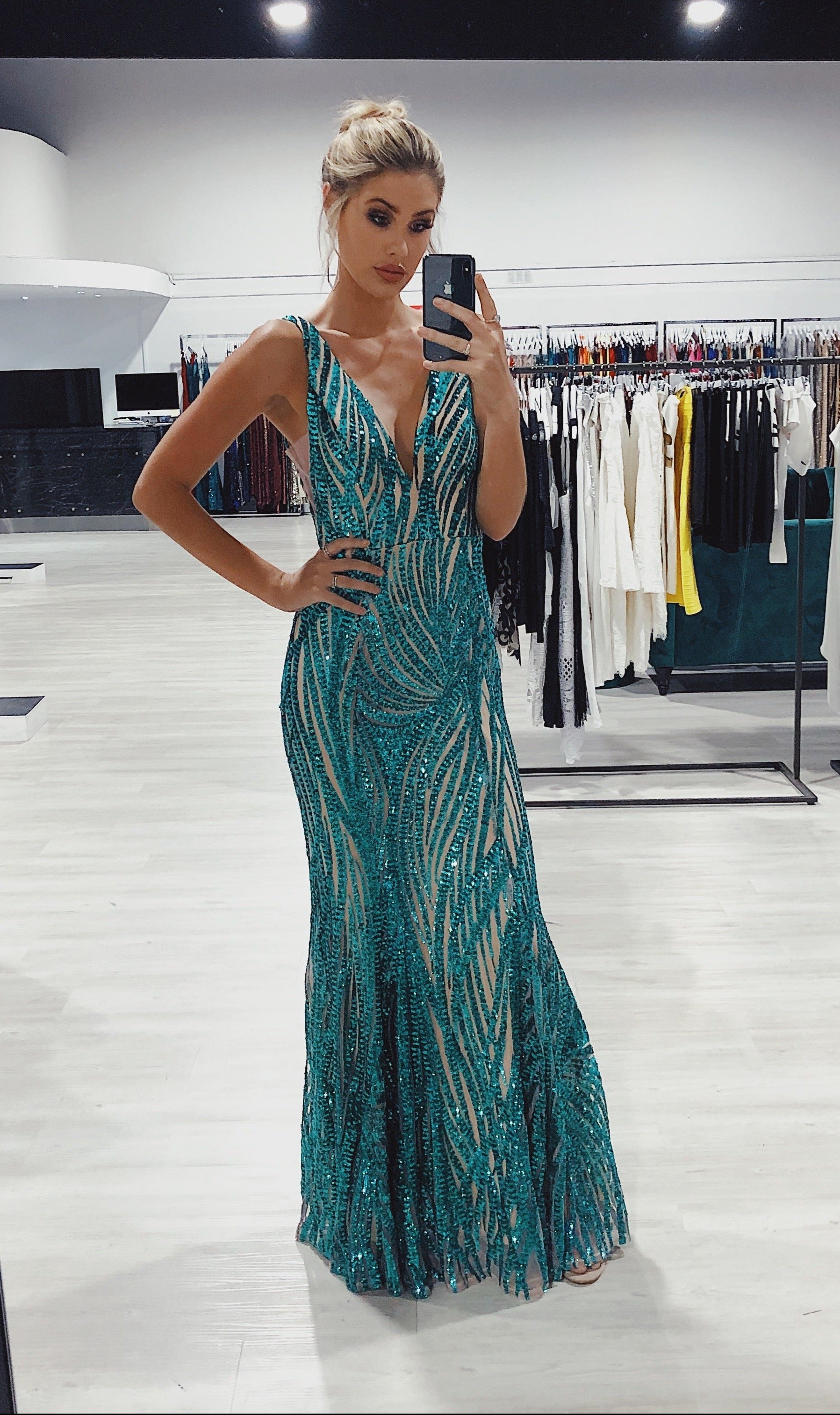 Honey Couture YASMIN Emerald Green Sequin Formal Gown {vendor} AfterPay Humm ZipPay LayBuy Sezzle