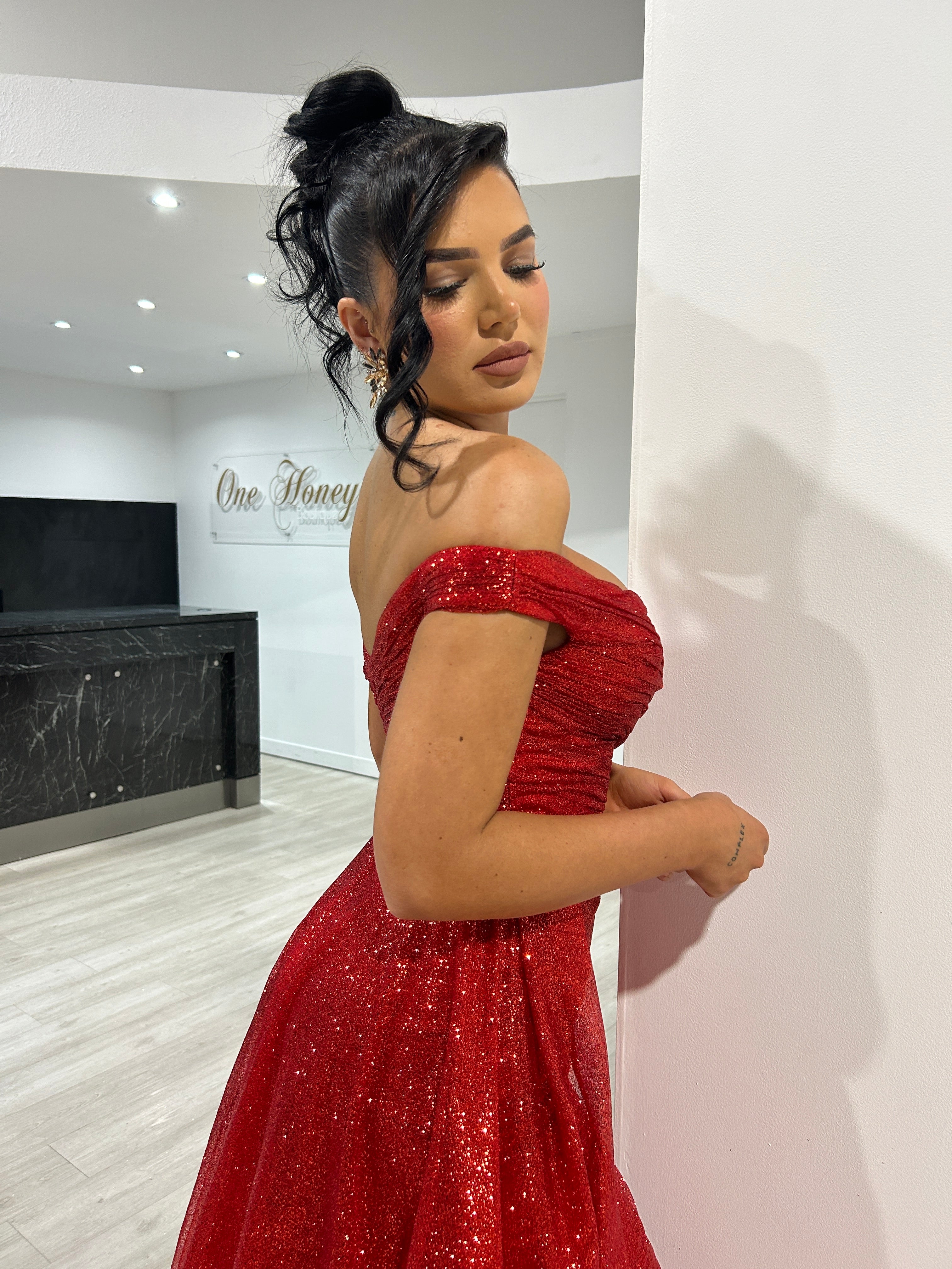 Honey Couture BEBE Red Glitter Off The Shoulder Overskirt Formal Dress