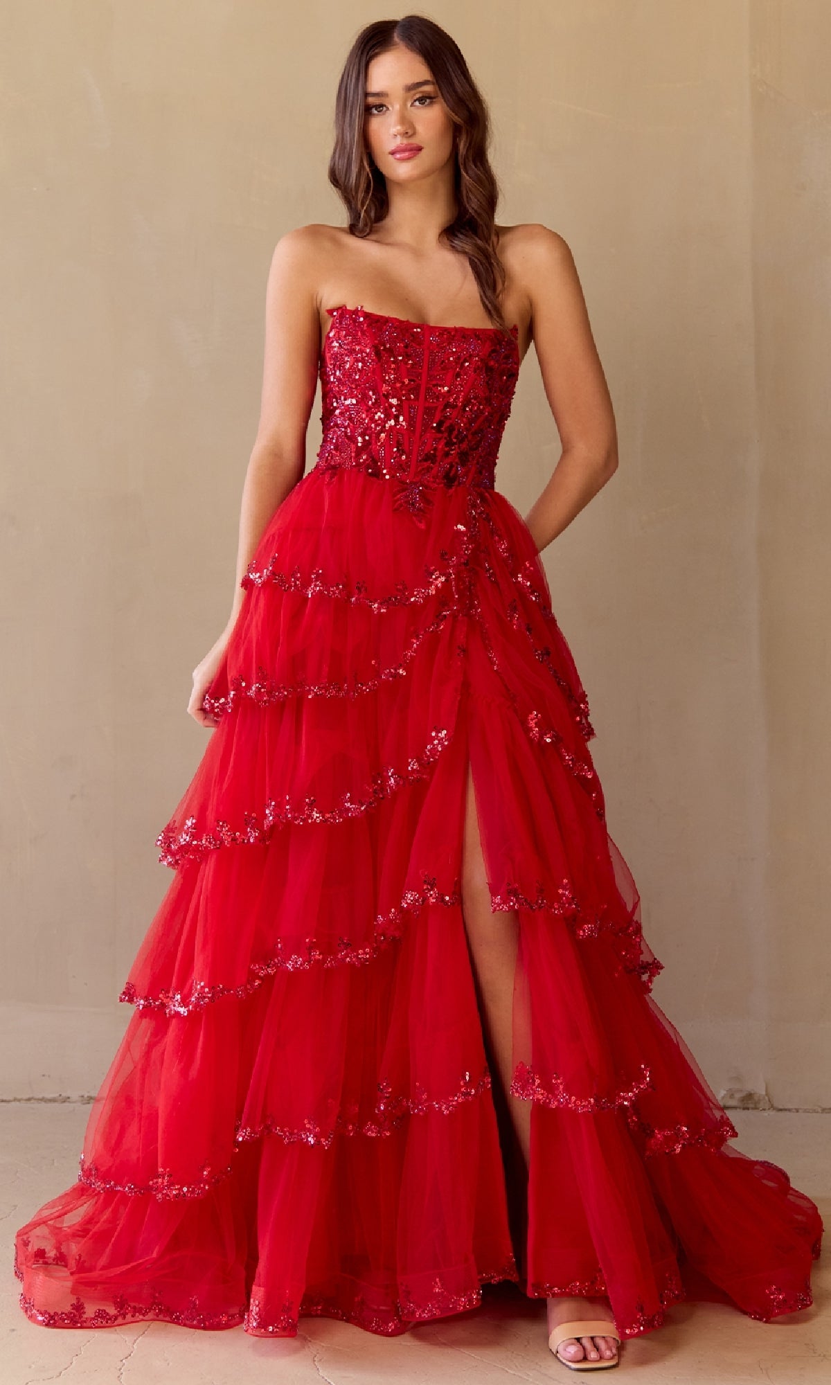 ZUZZANA Strapless Lace Applique Tulle Layered Prom & Formal Dress