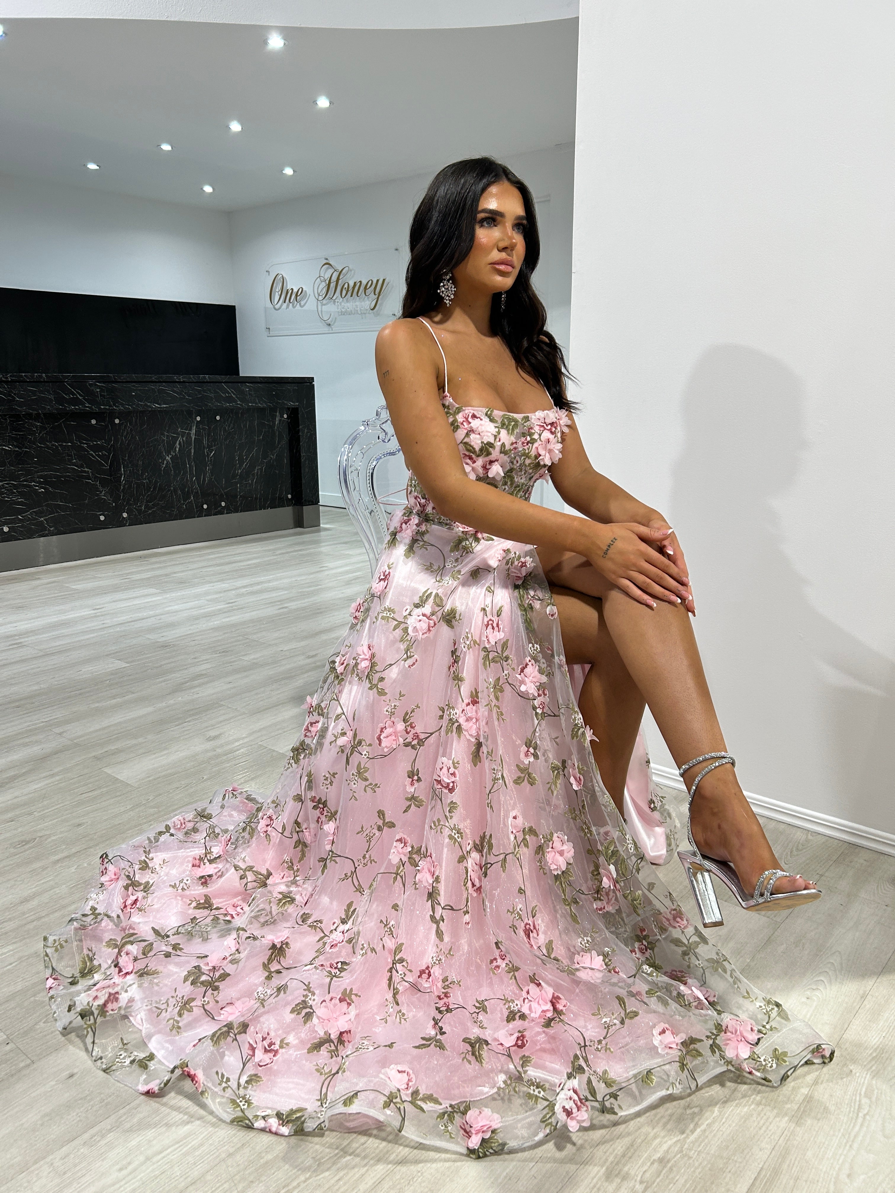 Pink flower shop prom dress