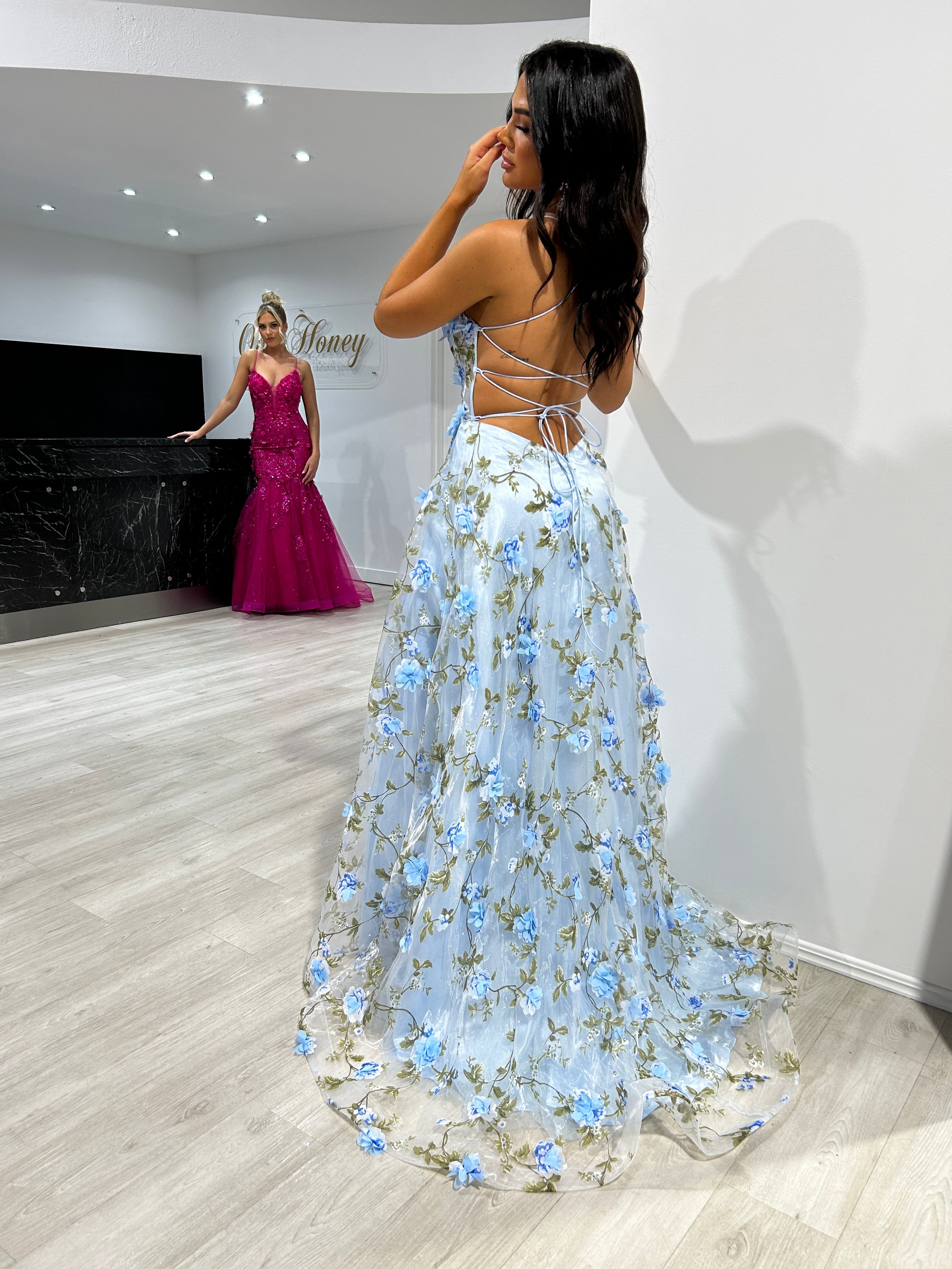 Blue and shop white evening dress