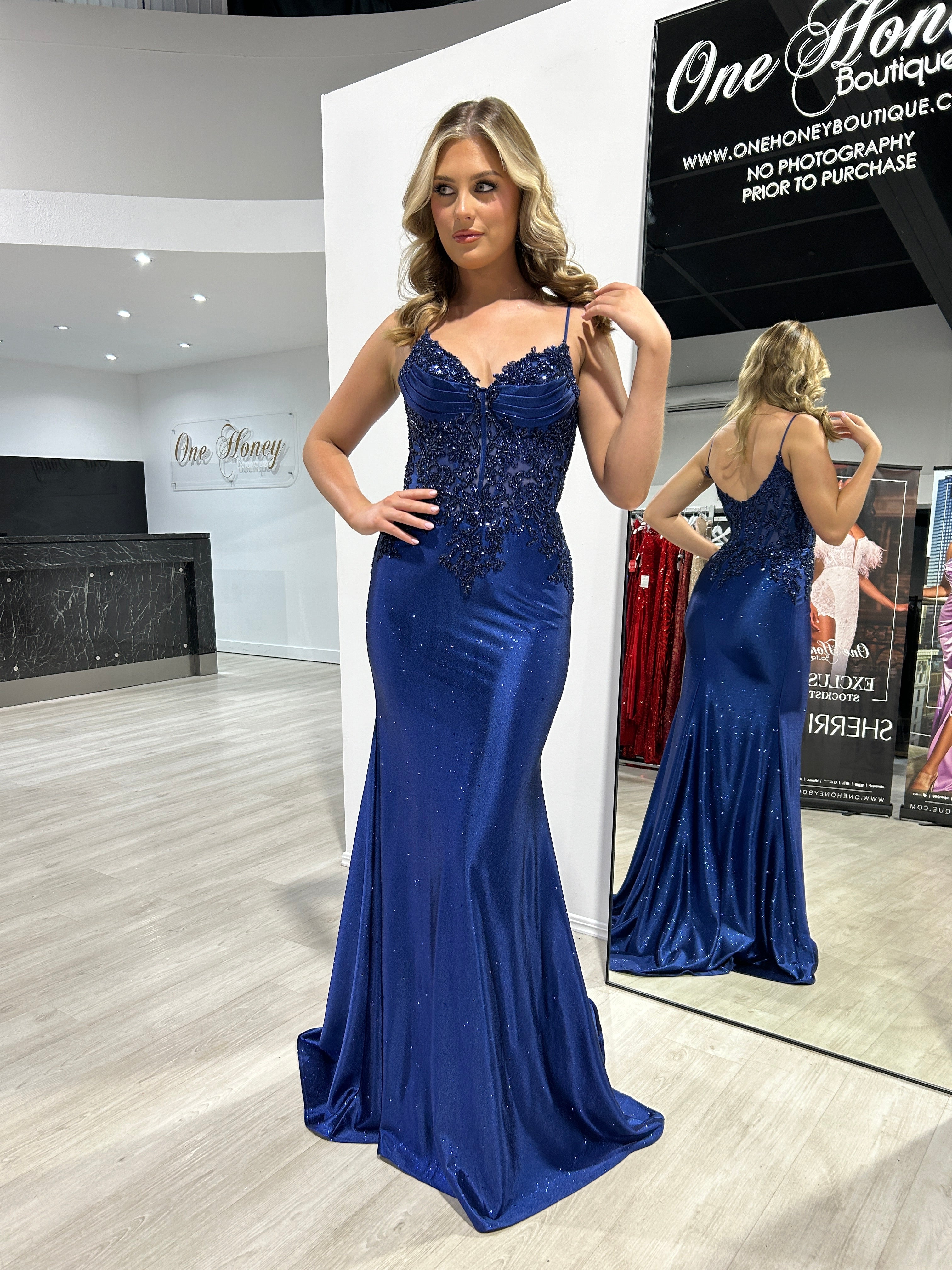 OLYMIA Embellished Bustier Stretch Glitter Satin Mermaid Formal Dress