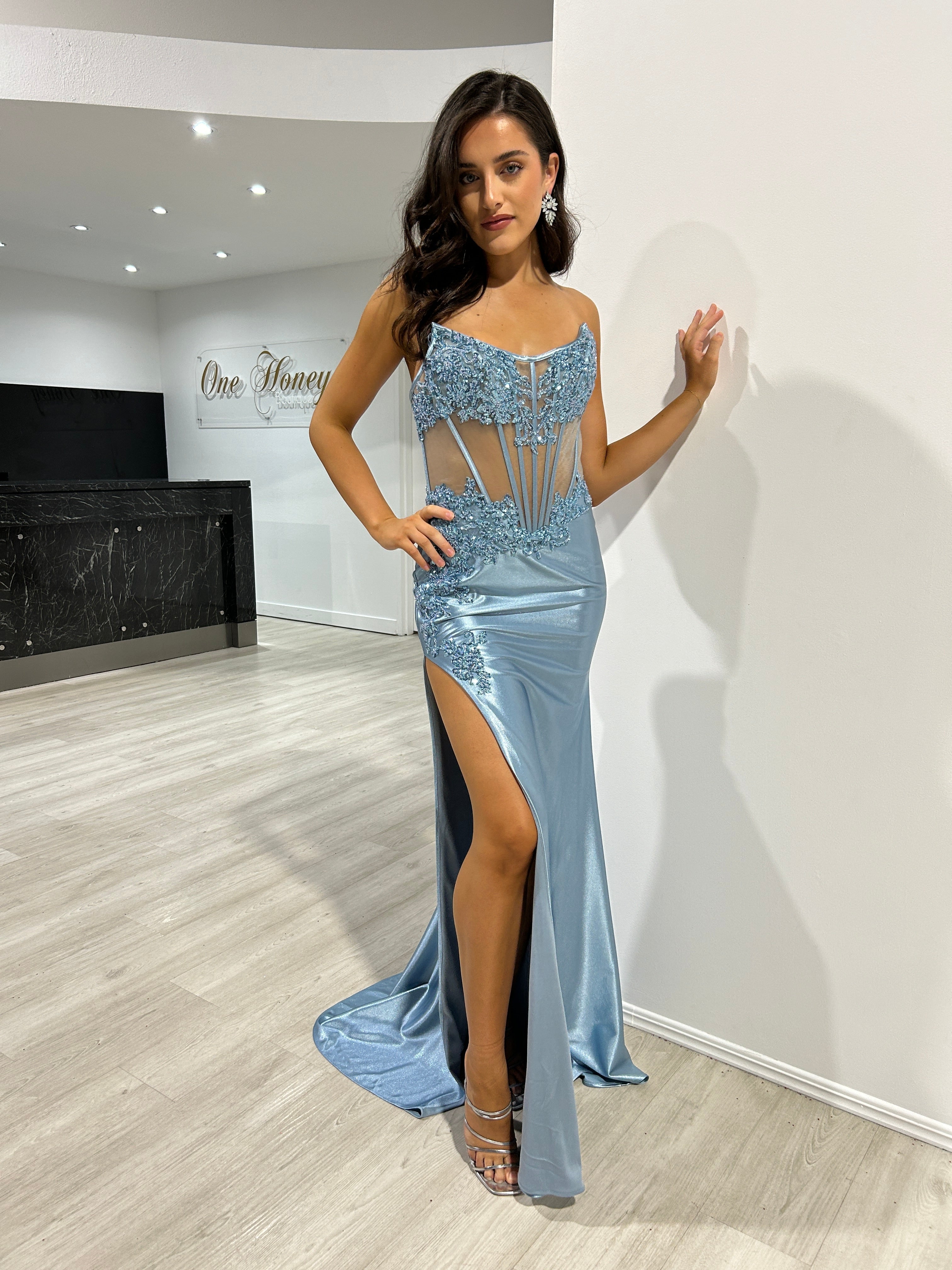 AZURA Strapless Sheer Corset Silky Mermaid Formal Gown Dress