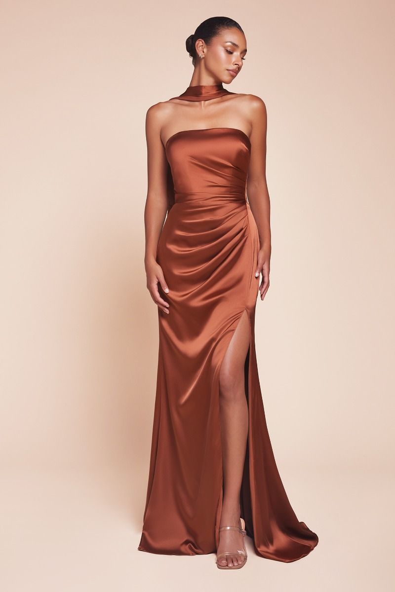 TIFFANY Strapless Satin Bridesmaid Semi Formal Dress with Sash