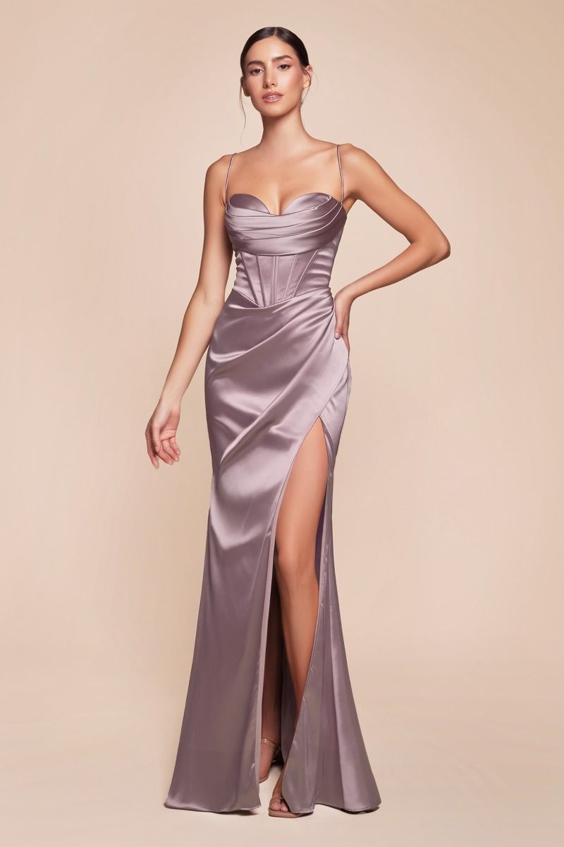 ZENDAYA Satin Corset Bustier Leg Split School Formal Bridesmaid Dress