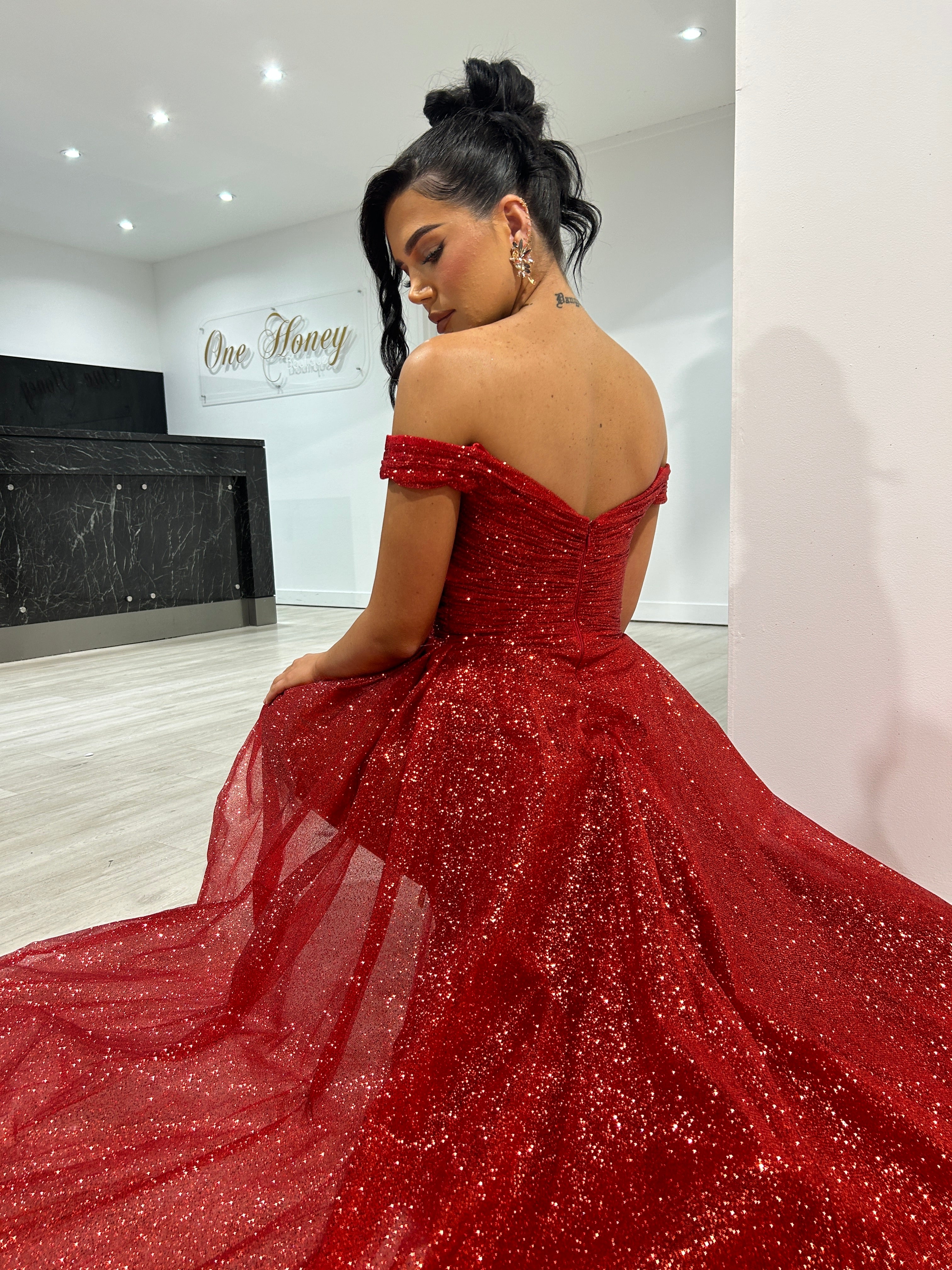 Honey Couture BEBE Red Glitter Off The Shoulder Overskirt Formal