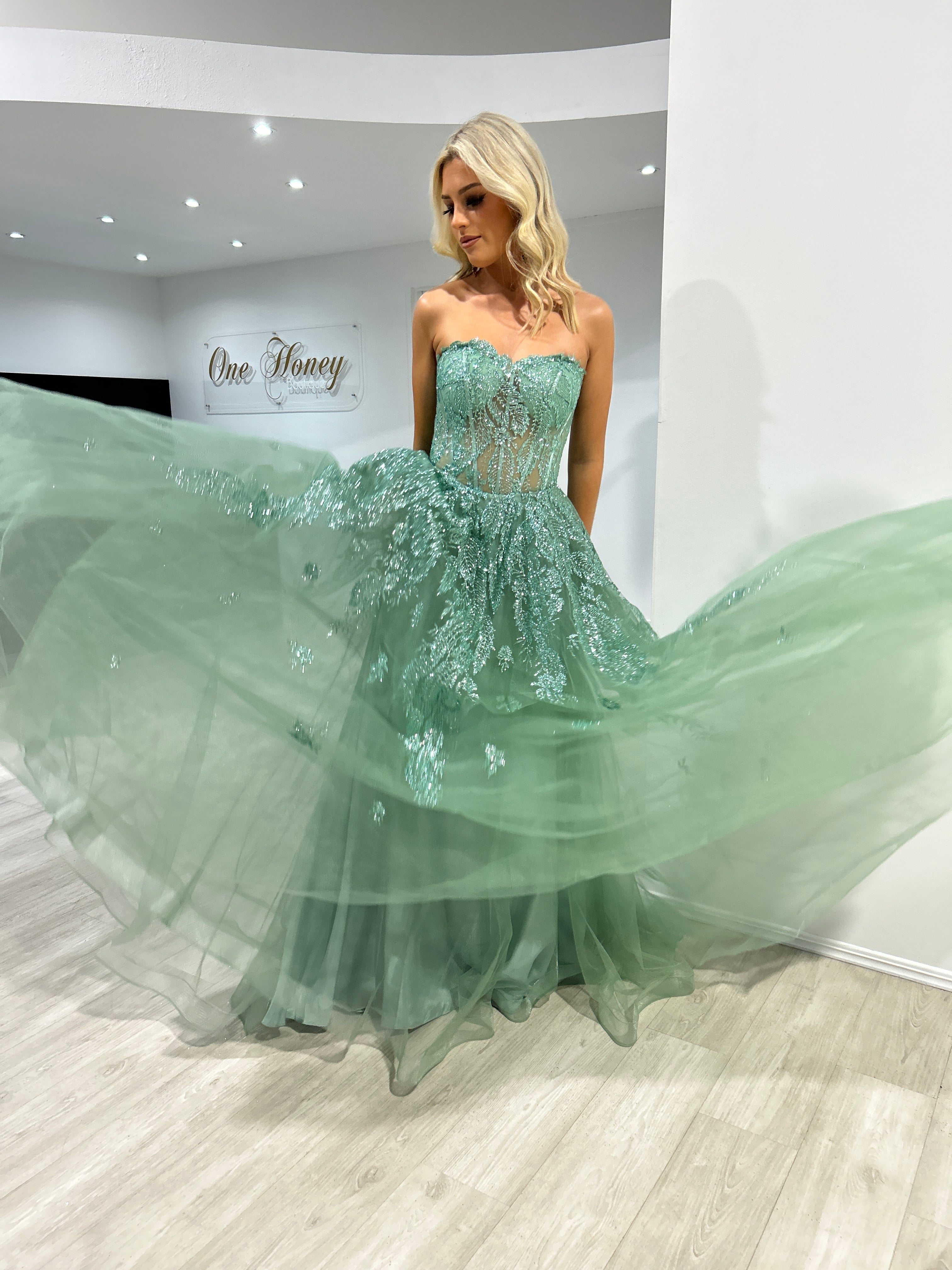 Honey Couture MERCER Sage Strapless Glitter Ball Gown Formal Dress