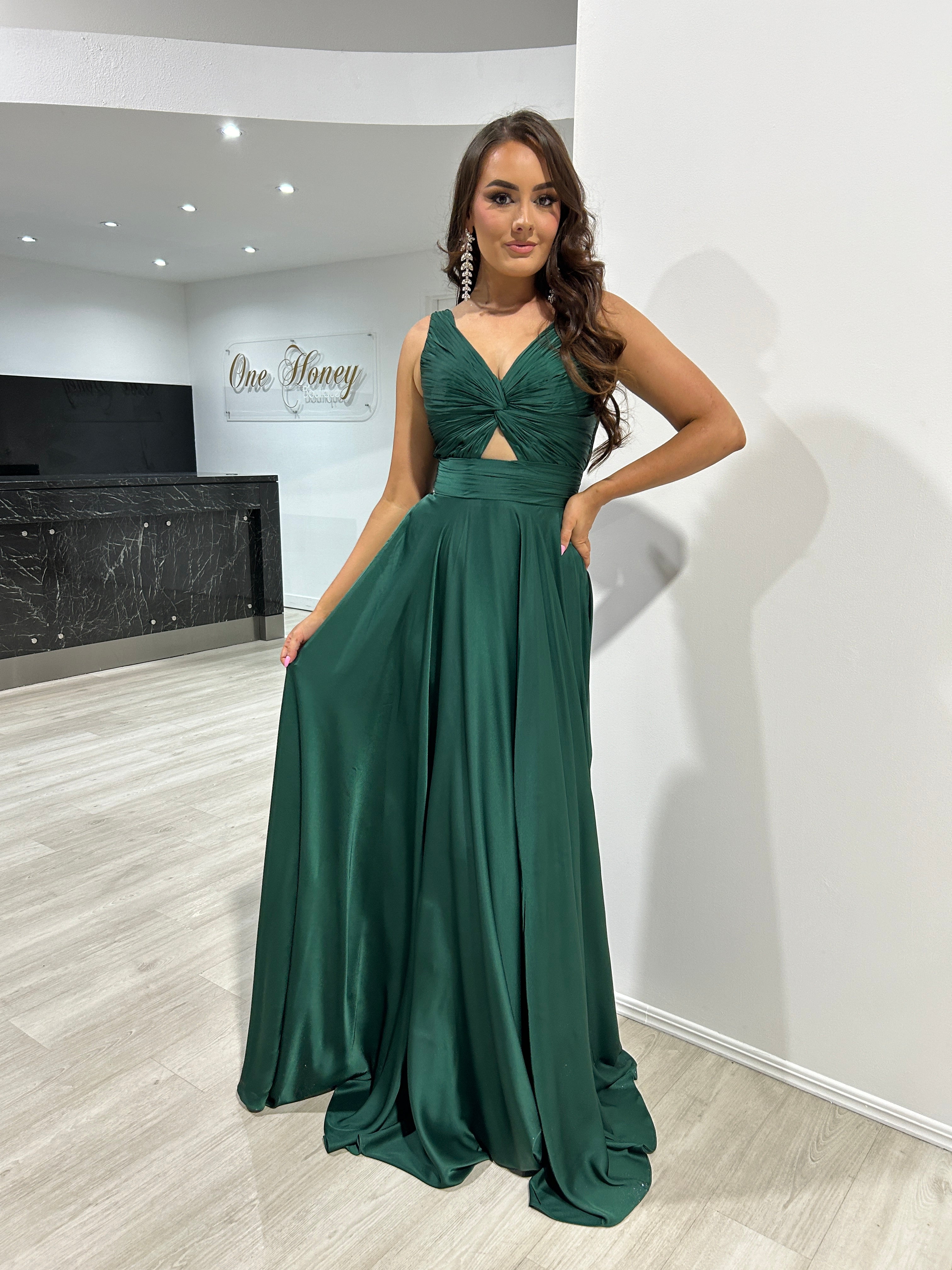 Honey Couture WILLOWMENA Emerald Green Keyhole Silky A Line Bridesmaid