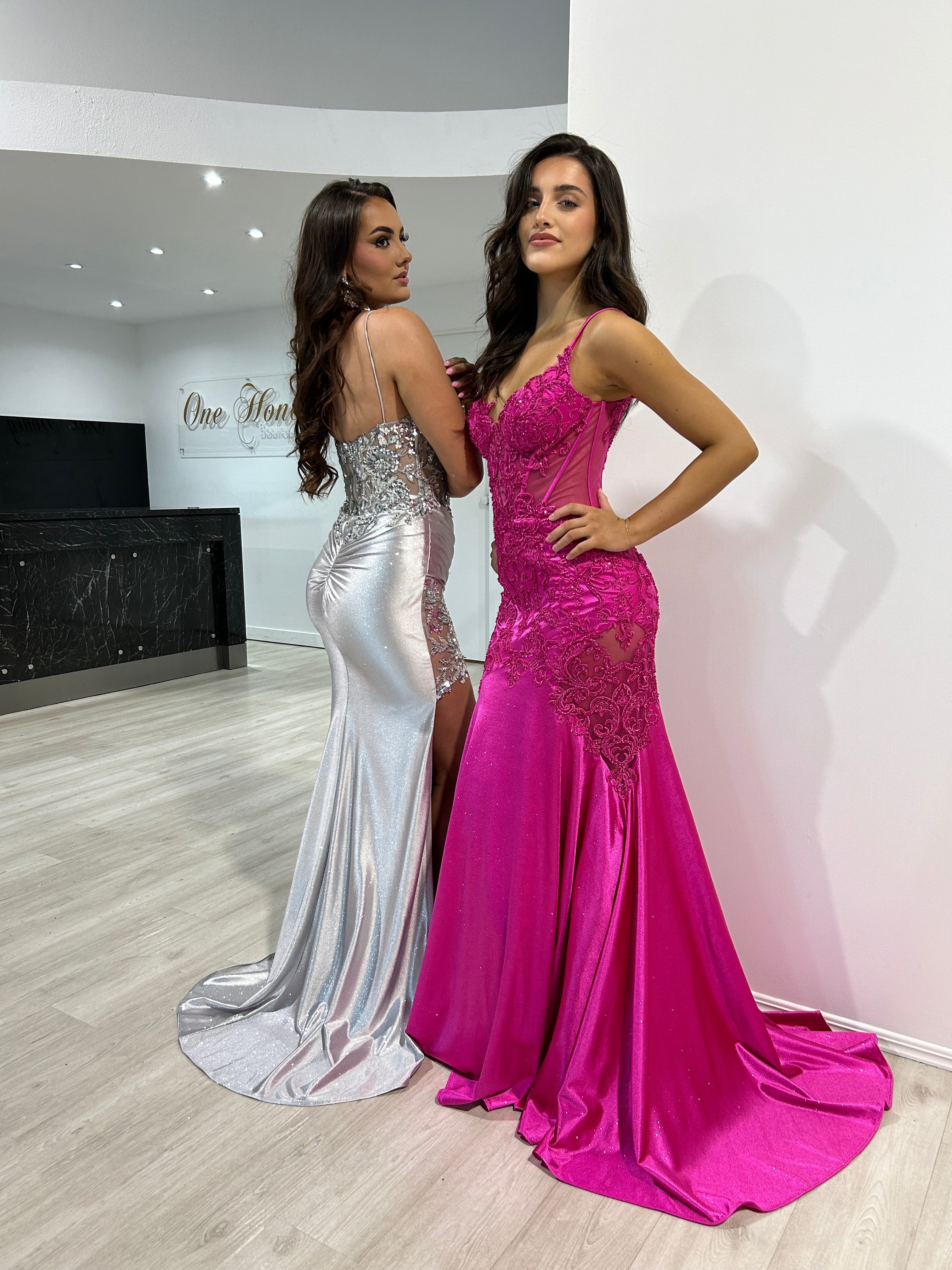 ODESSA Embellished Glitter Satin Mermaid Formal Dress