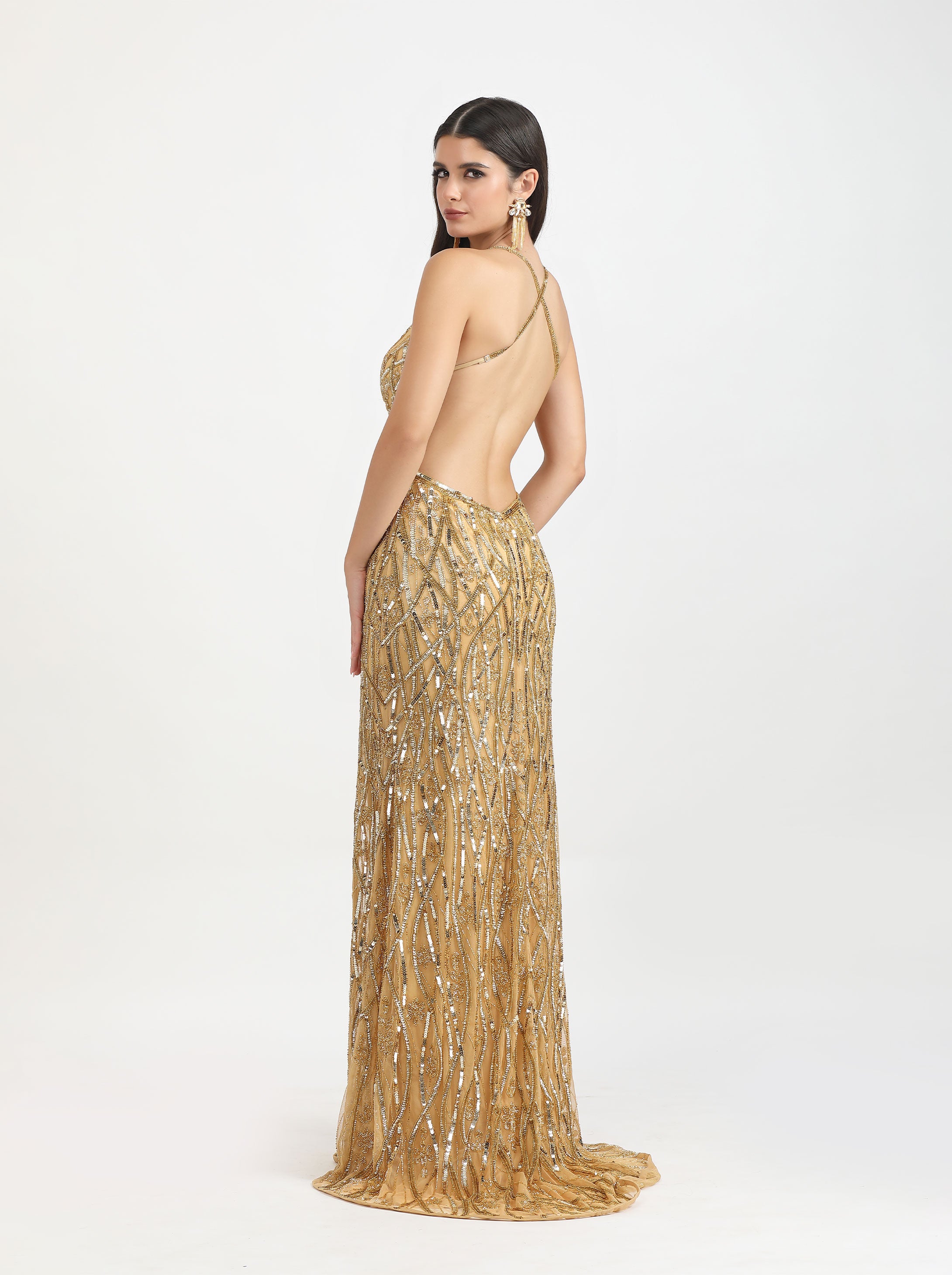 Belle Couture 9134 V Front Beaded Low Back Prom & Formal Dress