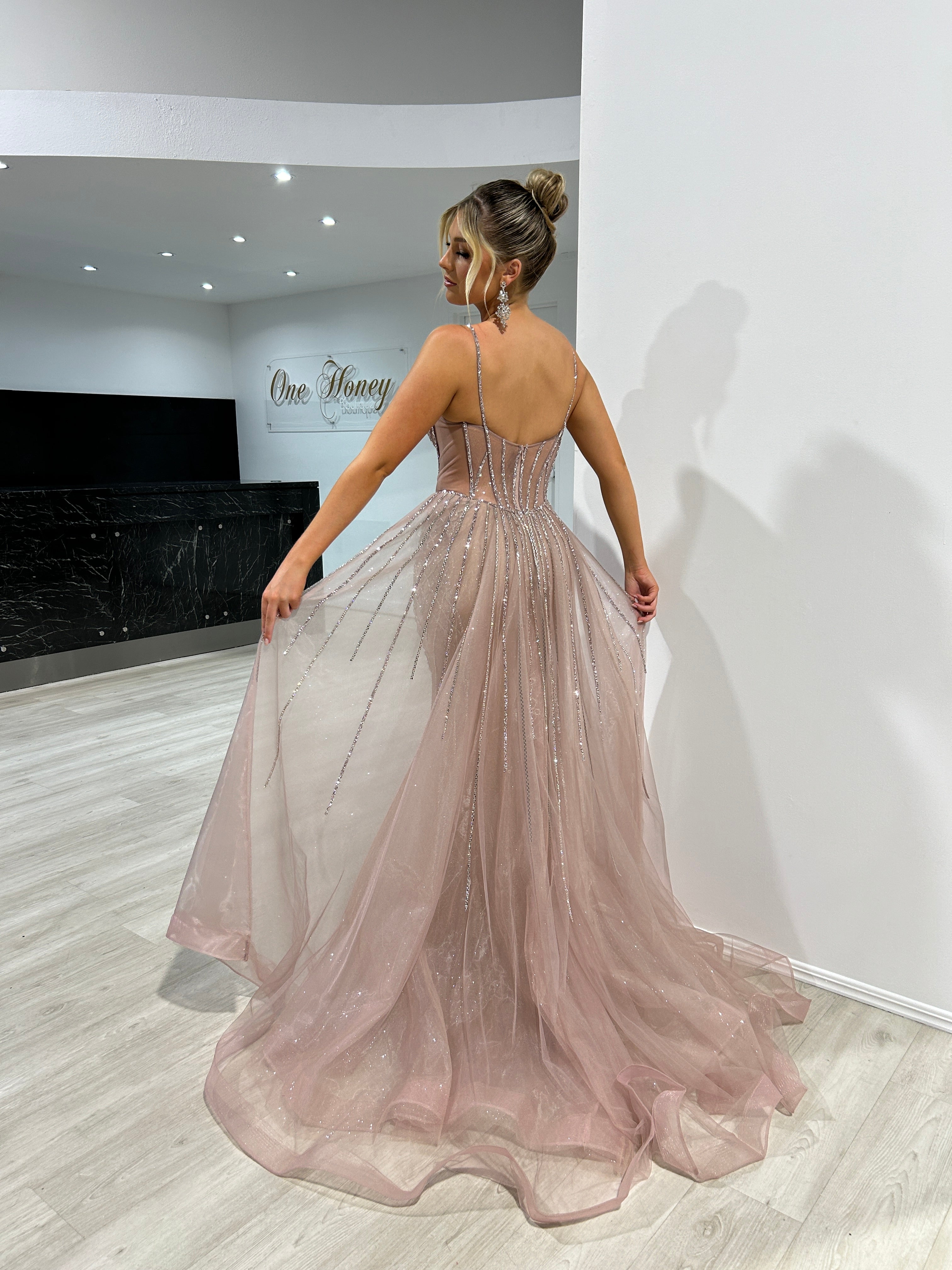 RESTORA Couture Beaded Diamante Overskirt Formal Prom Evening Dress