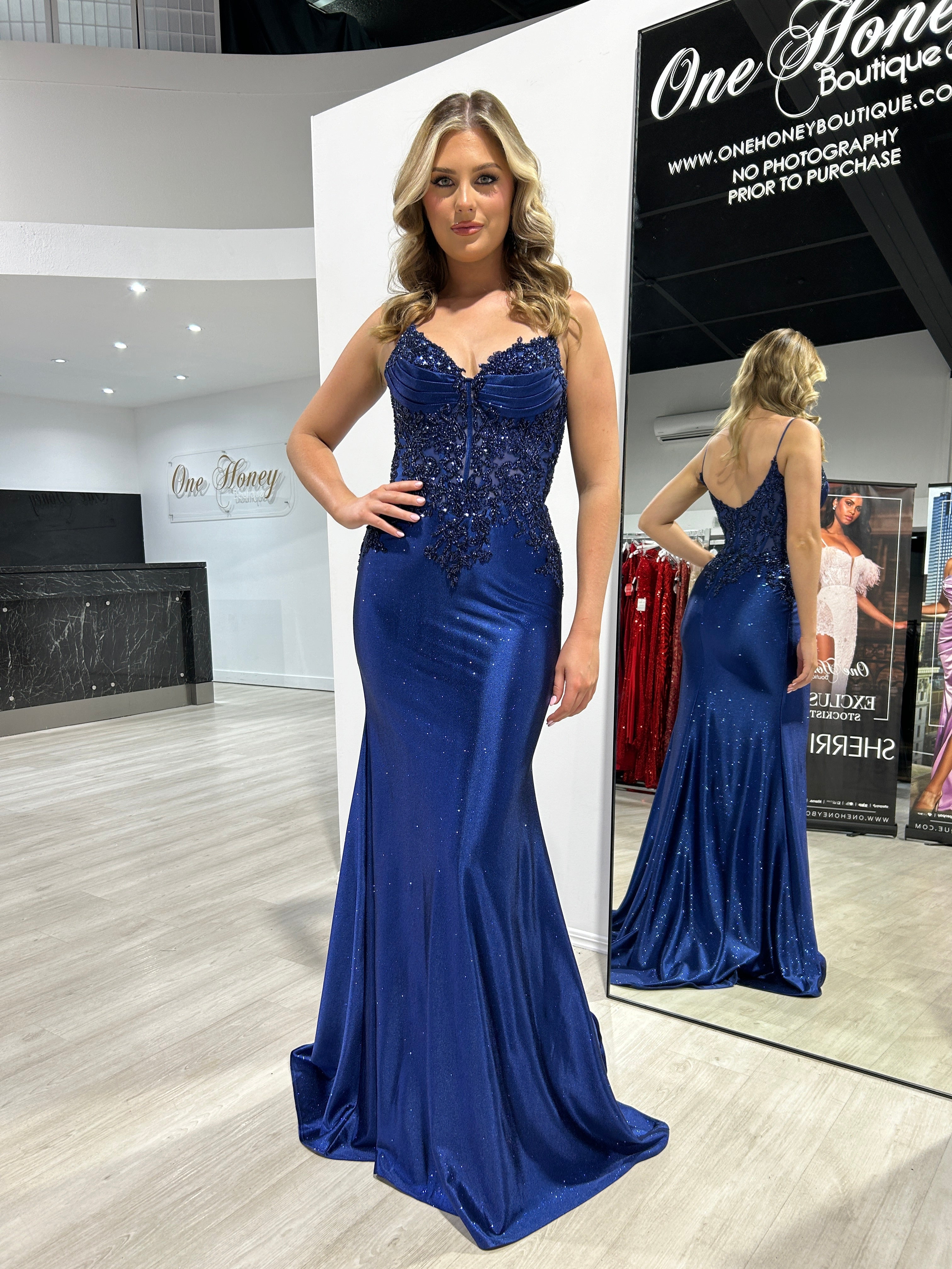 OLYMIA Embellished Bustier Stretch Glitter Satin Mermaid Formal Dress