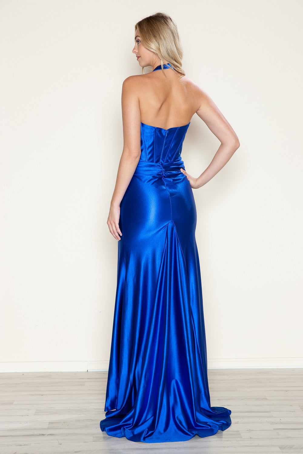 ISSA Beaded Satin Halter Neck Fitted Prom & Formal Dress