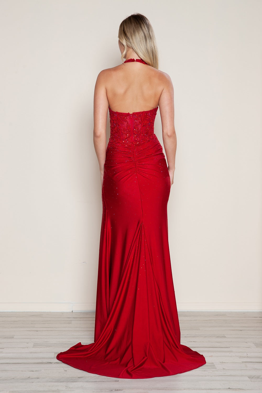 KELINE Applique Jersey Halter Slit Prom & Formal Dress