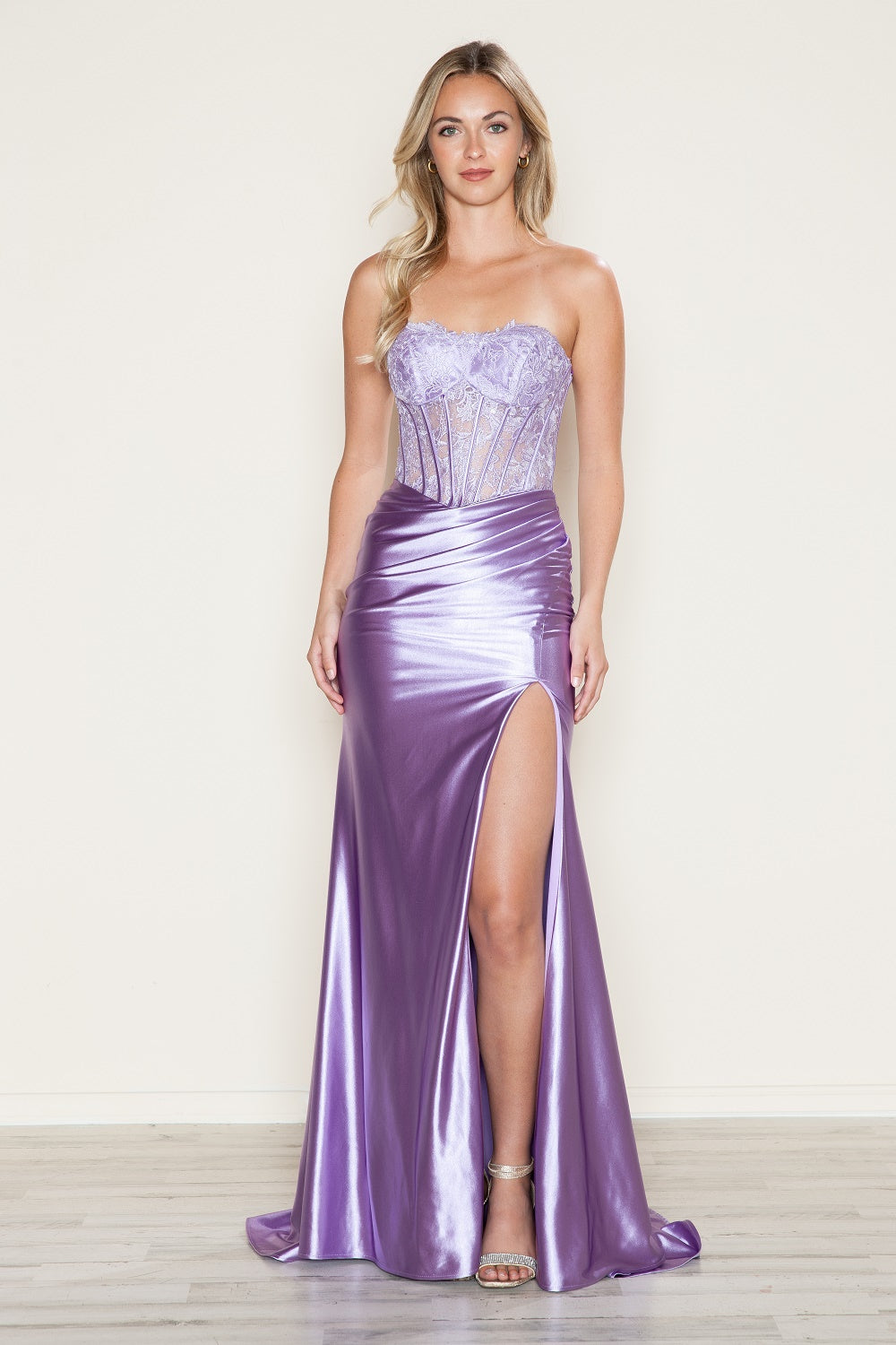 AFIA Beaded Satin Fitted Lace Bodice Slit Prom & Formal Dress